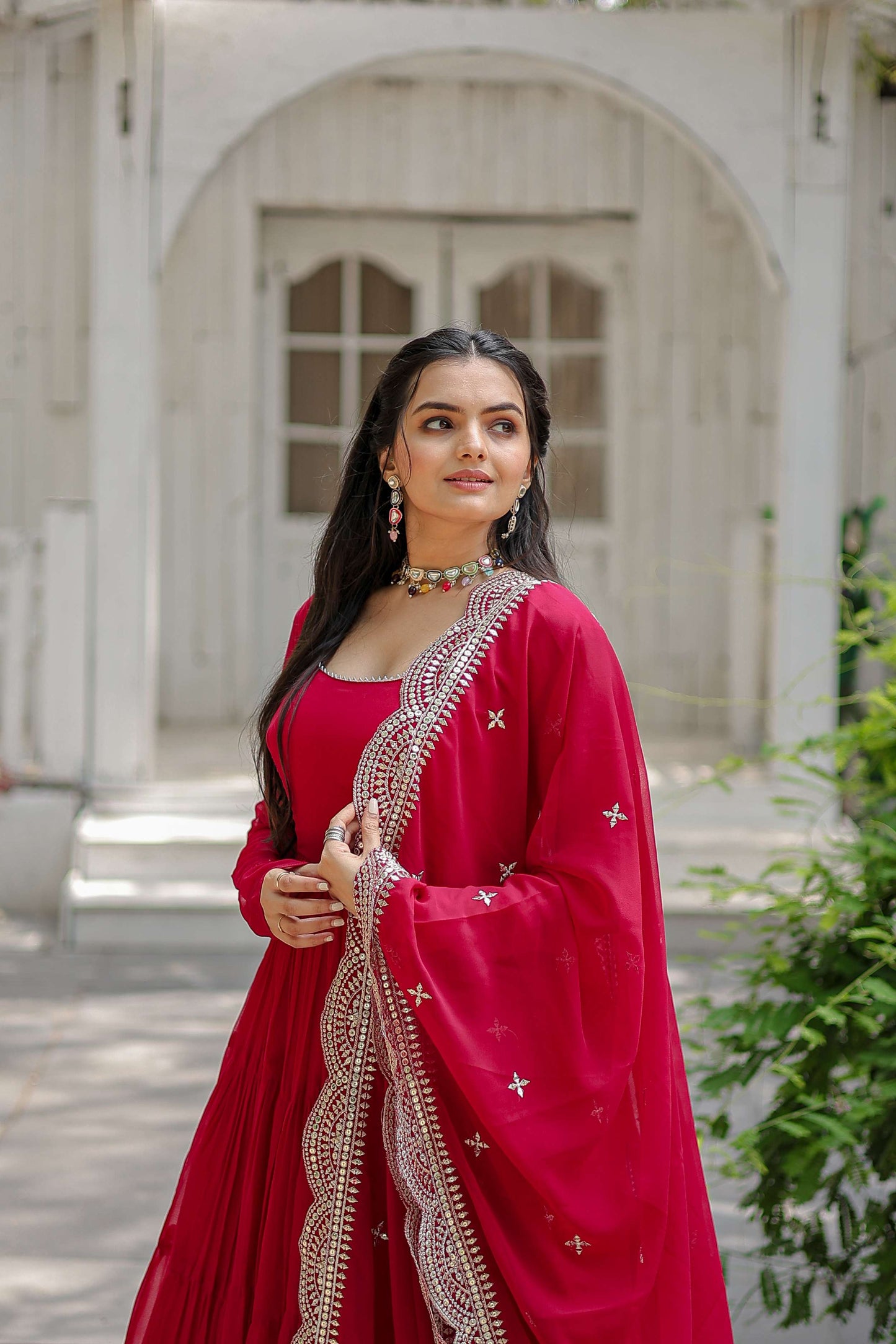 Pink Premium Faux Georgette Designer Gown with Sequined Dupatta  Fully Flaired Ready-to-Wear Set
