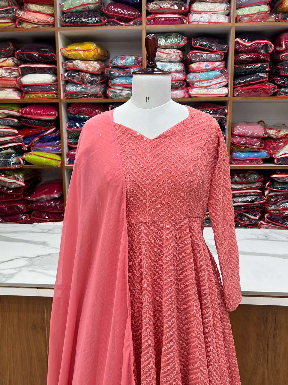 Womens Pure Romansilk Chanderi Embroidered Anarkali Kurti With Dupatta & Pant Set