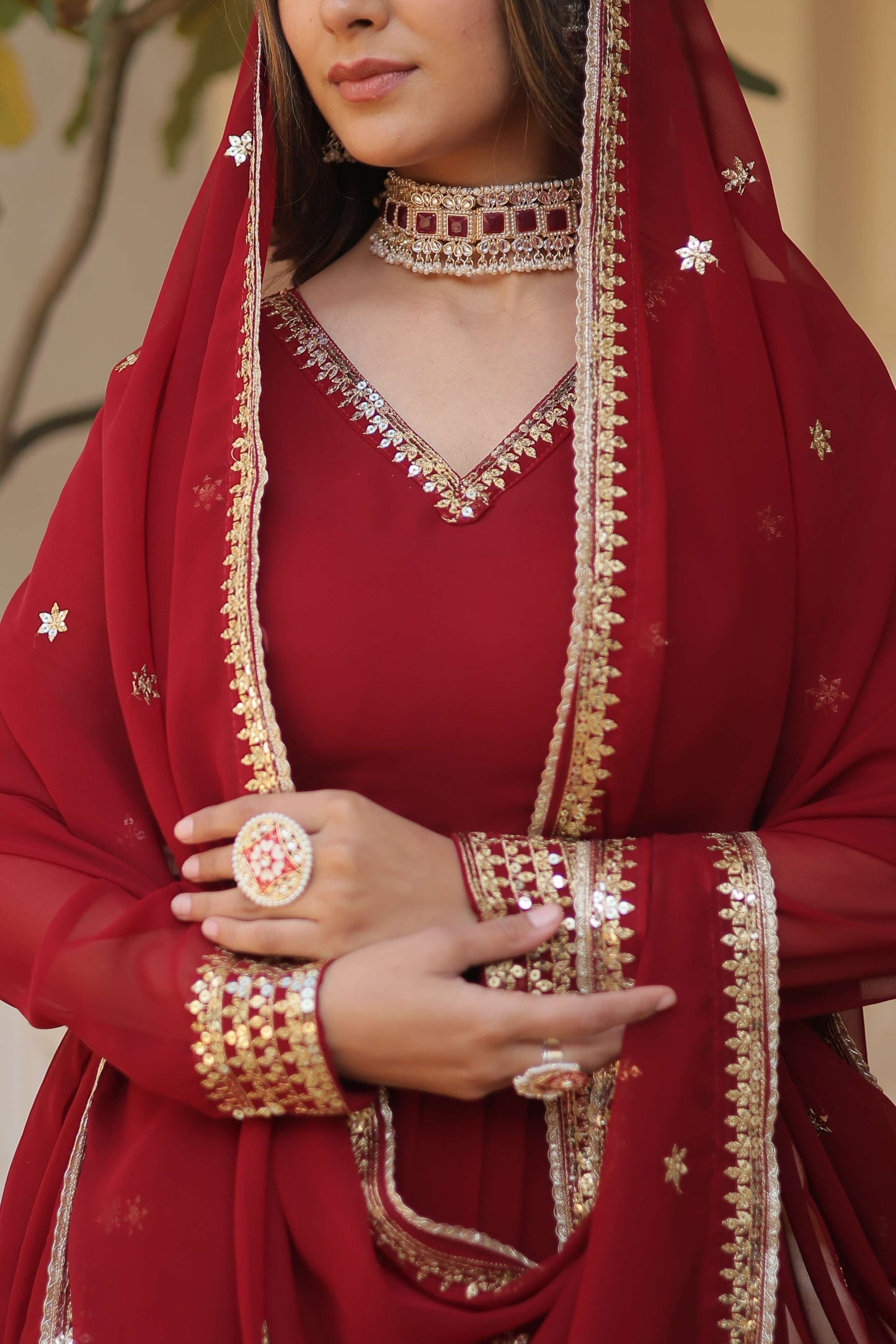 Maroon Faux Blooming Gown with Sequined Dupatta  Elegant Fully Flared Party & Wedding Set
