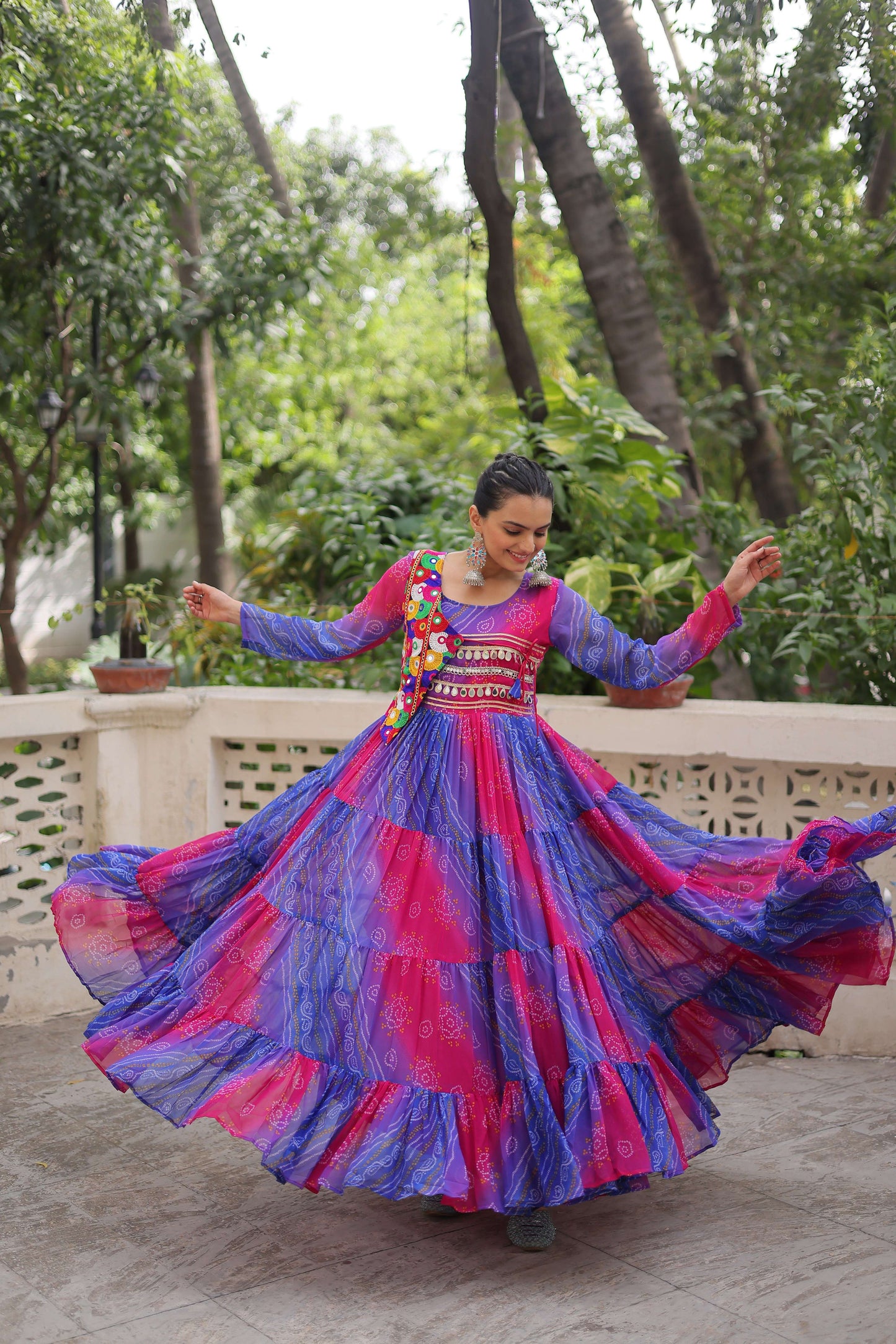 Purple Designer Laheriya & Bandhej Print Navratri Gown with Kutchi Patch Work in Faux Georgette – Elegant Festive Wear for Women