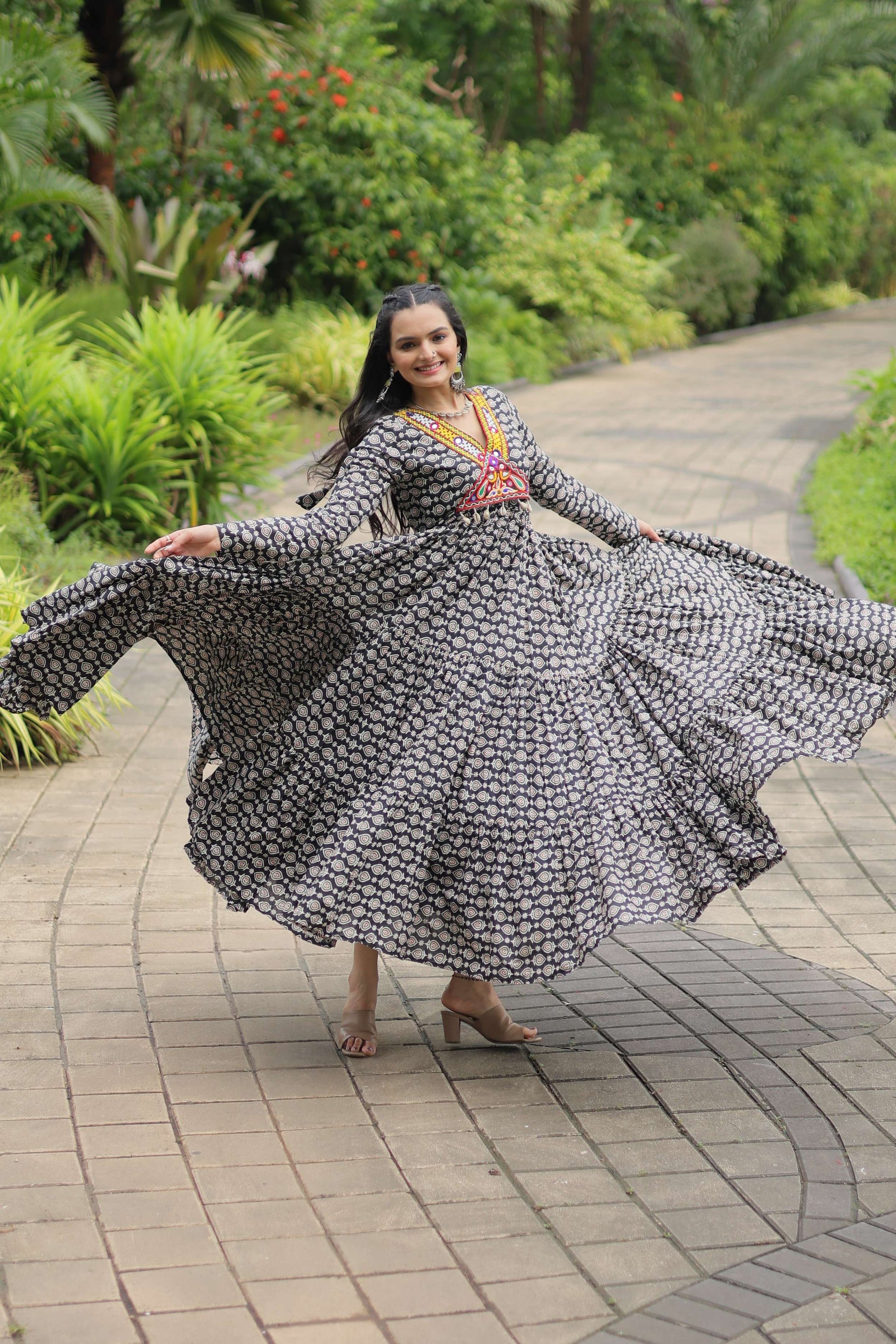 Black Designer Printed Cotton Gown with Kutchi Gamthi Lace & Kodi Work