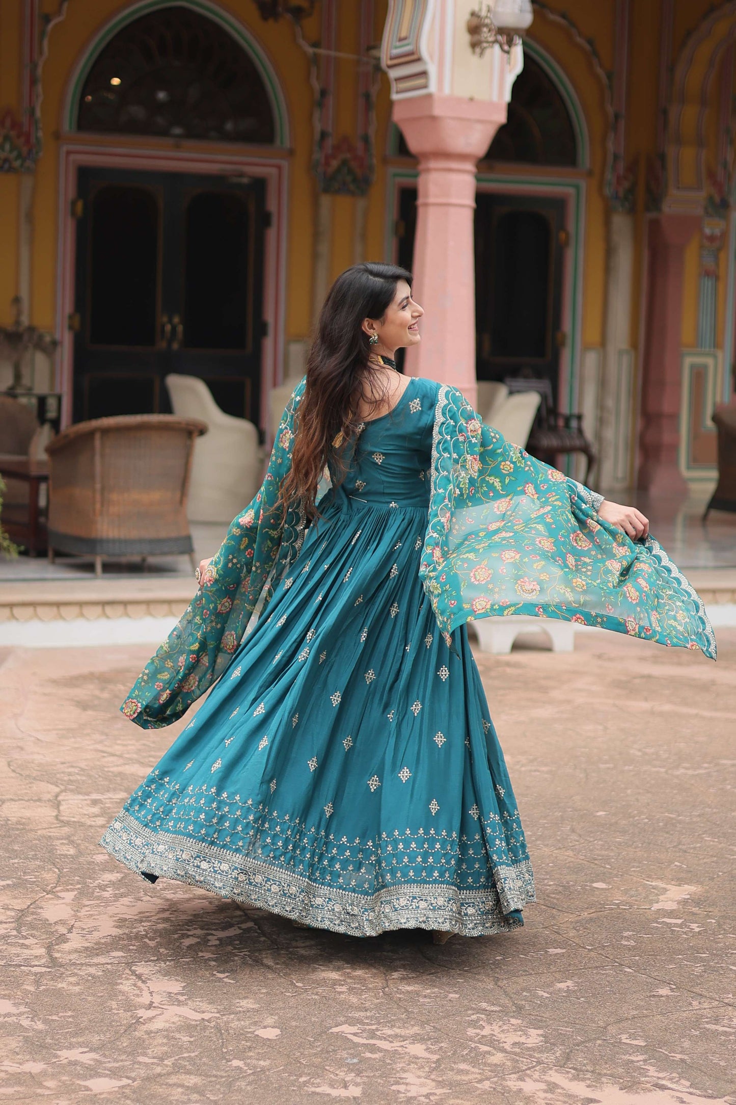Rama Designer Chinon Sequins Embroidered Gown with Kalamkari Silk Dupatta
