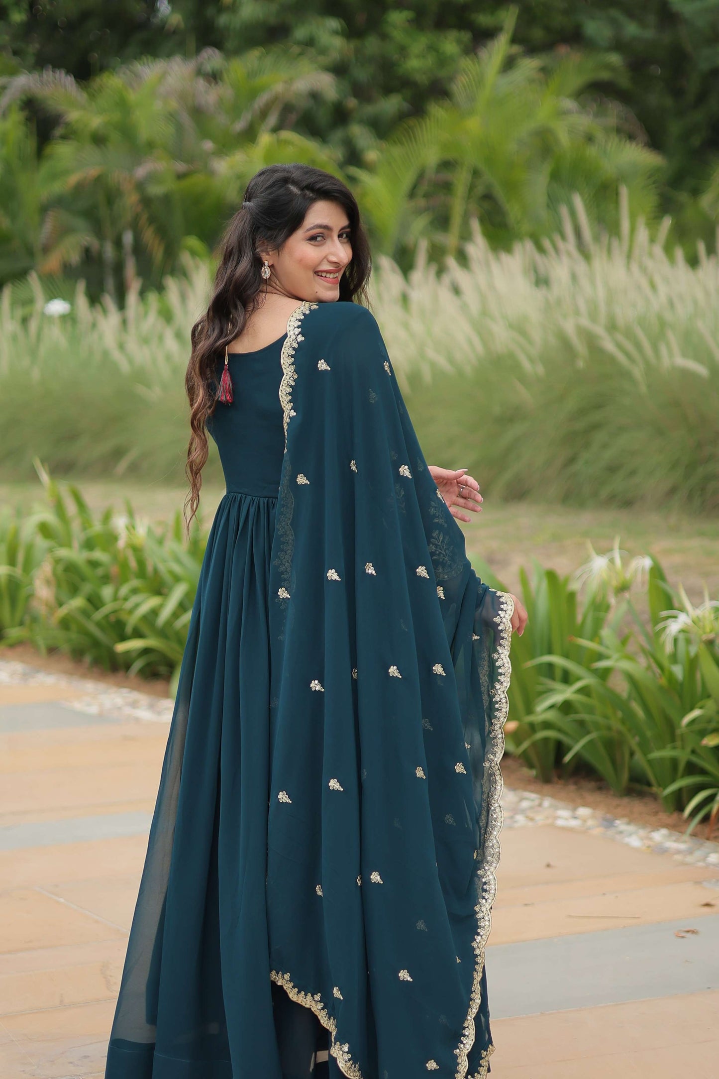 Teal-Blue Elegant Kutchi Gamthi Work Reyon Gown with Heavy Flair