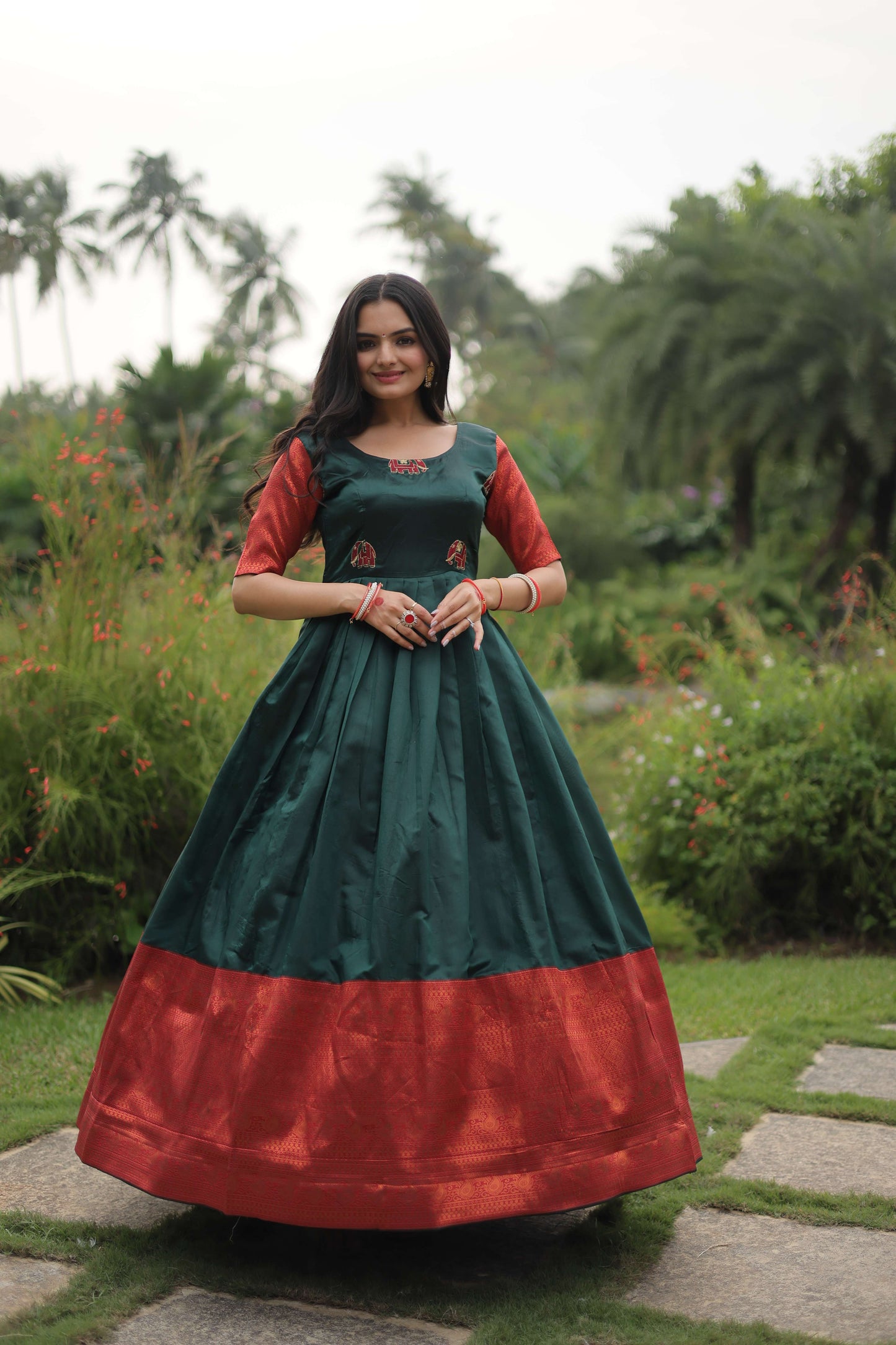 Green Banarasi Jacquard Silk Gown  Elegant Free-Size Designer Party & Wedding Wear