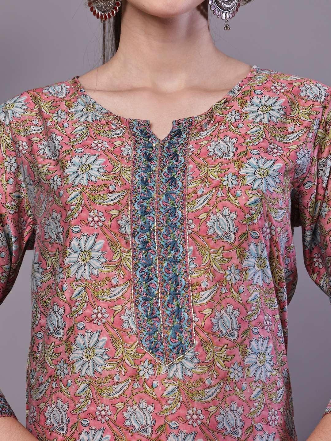 Women's Pink Floral Chanderi Printed Kurta Set with Dupatta Suit Sets