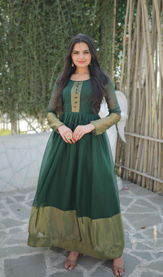 Green Elegant Chiffon Designer Gown with Golden Zari Patta  Premium Ready-to-Wear Dress