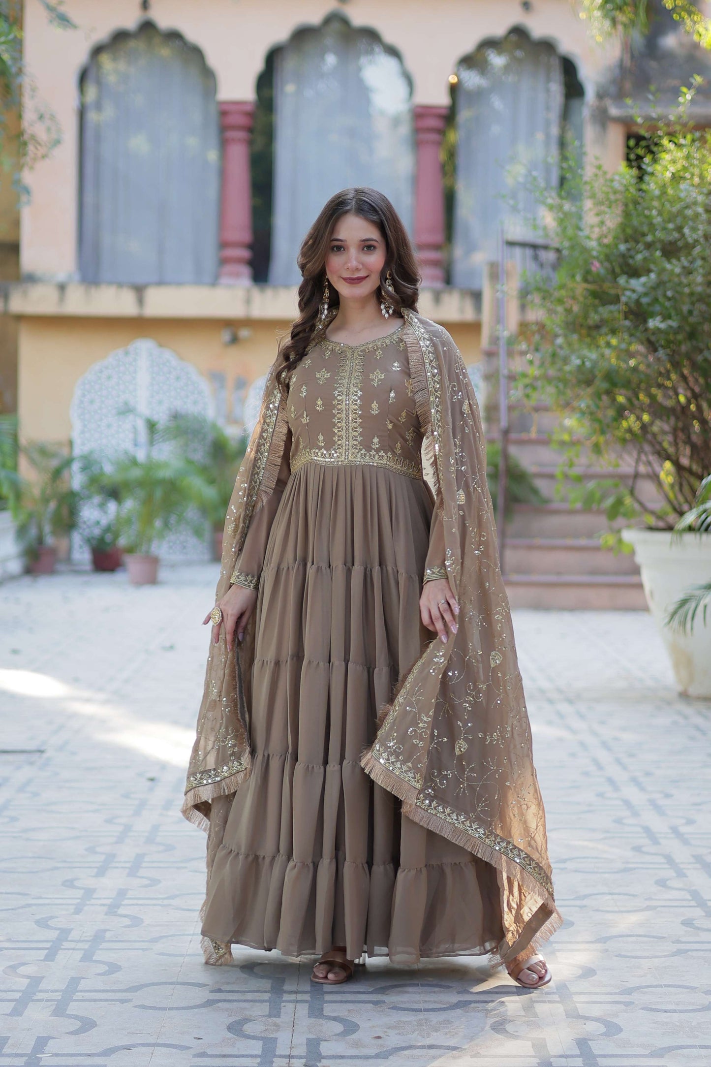 Beige Star Georgette Fully Flared Gown with Sequins Embroidered Dupatta & Lace Border