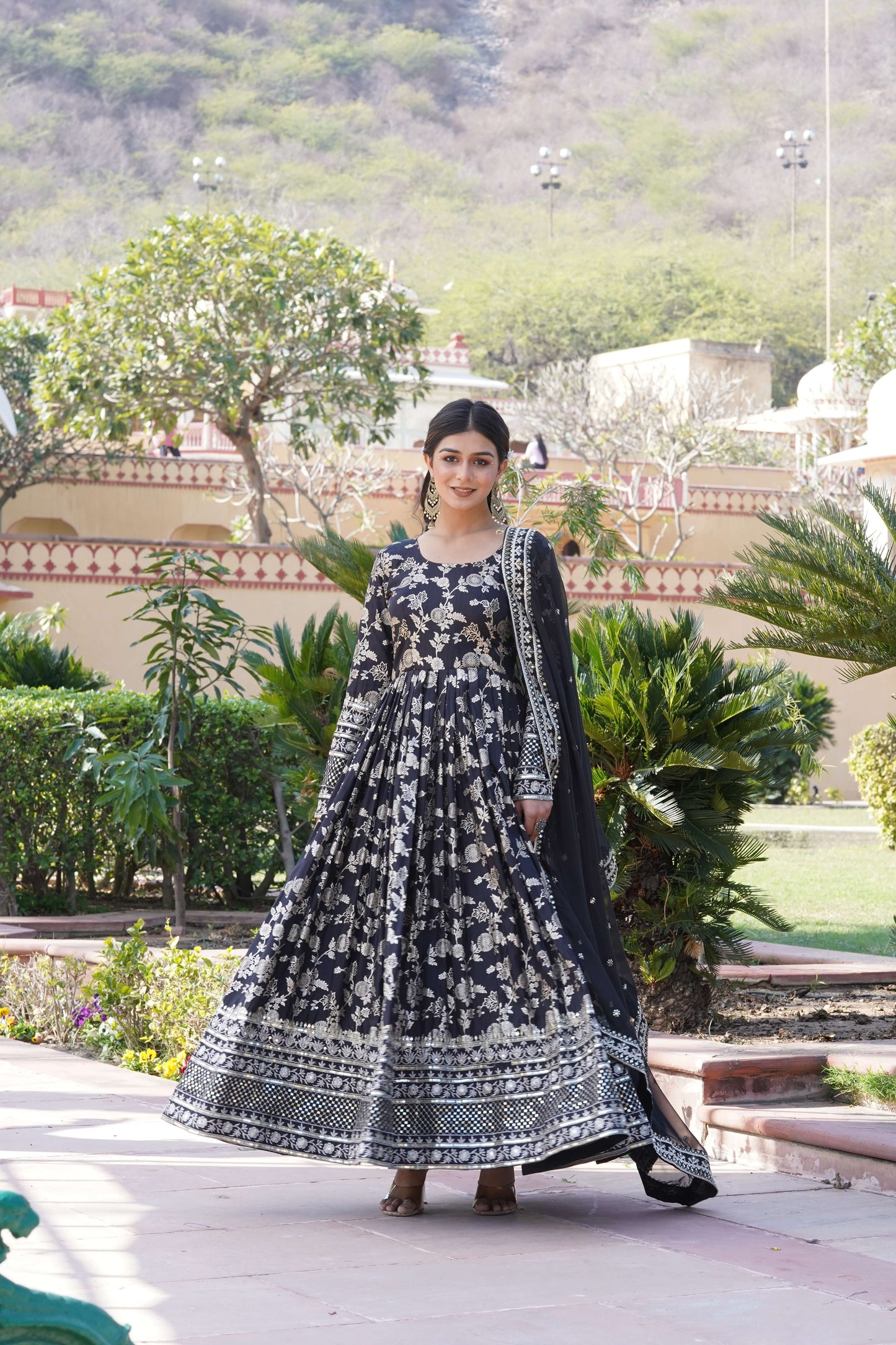 Black Viscose Dyable Jacquard Gown with Russian Silk Sequined Dupatta  Elegant Party & Wedding Set