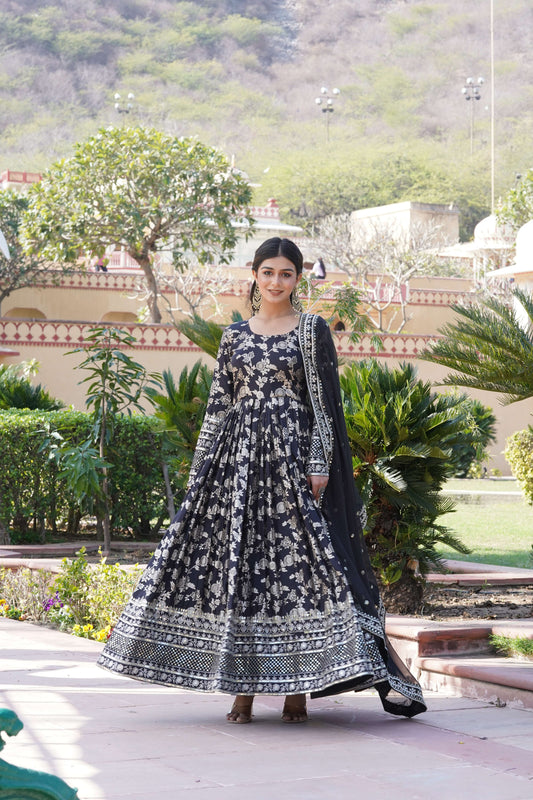 Black Viscose Dyable Jacquard Gown with Russian Silk Sequined Dupatta  Elegant Party & Wedding Set