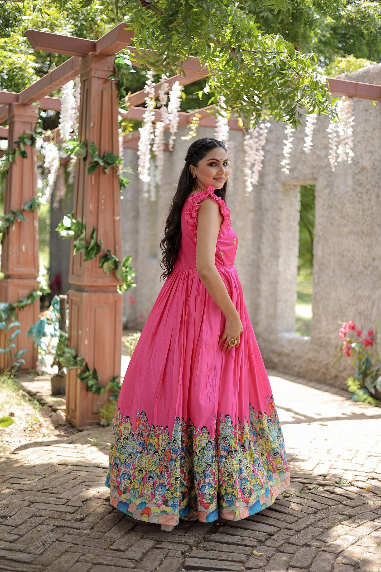 Pink Designer Dola Silk Printed Gown  Sleeveless Fancy Square Neck Ready-to-Wear Dress