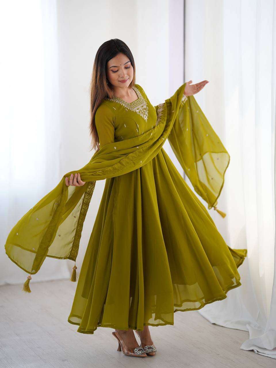 Womens Crunchy Silk Anarkali Kurti with Pant & Dupatta Set