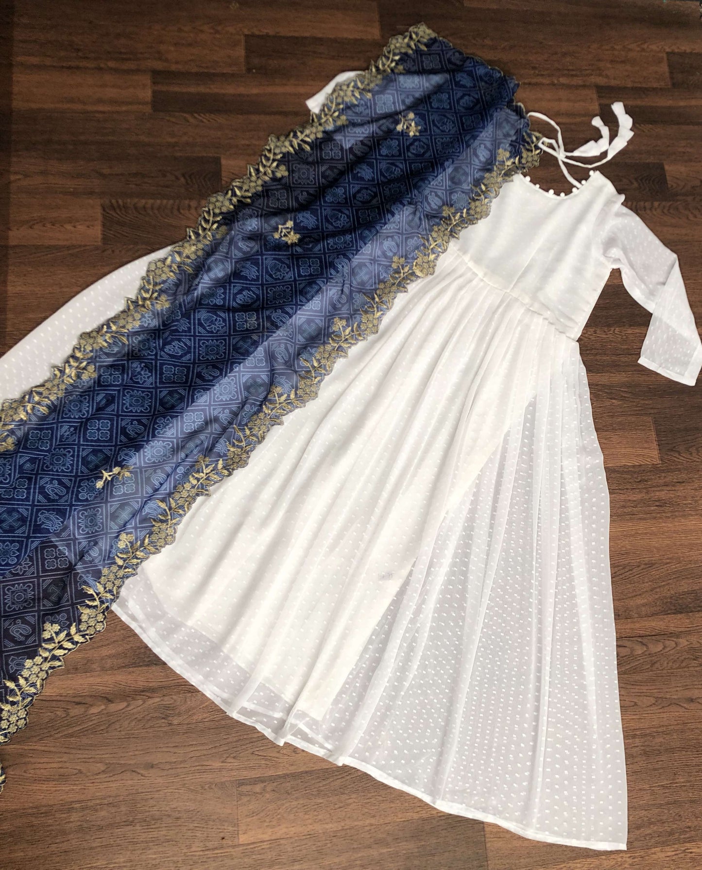 Elegant White And Blue Georgette Gown with Soft Organza Dupatta  Premium Designer Ready-to-Wear Set
