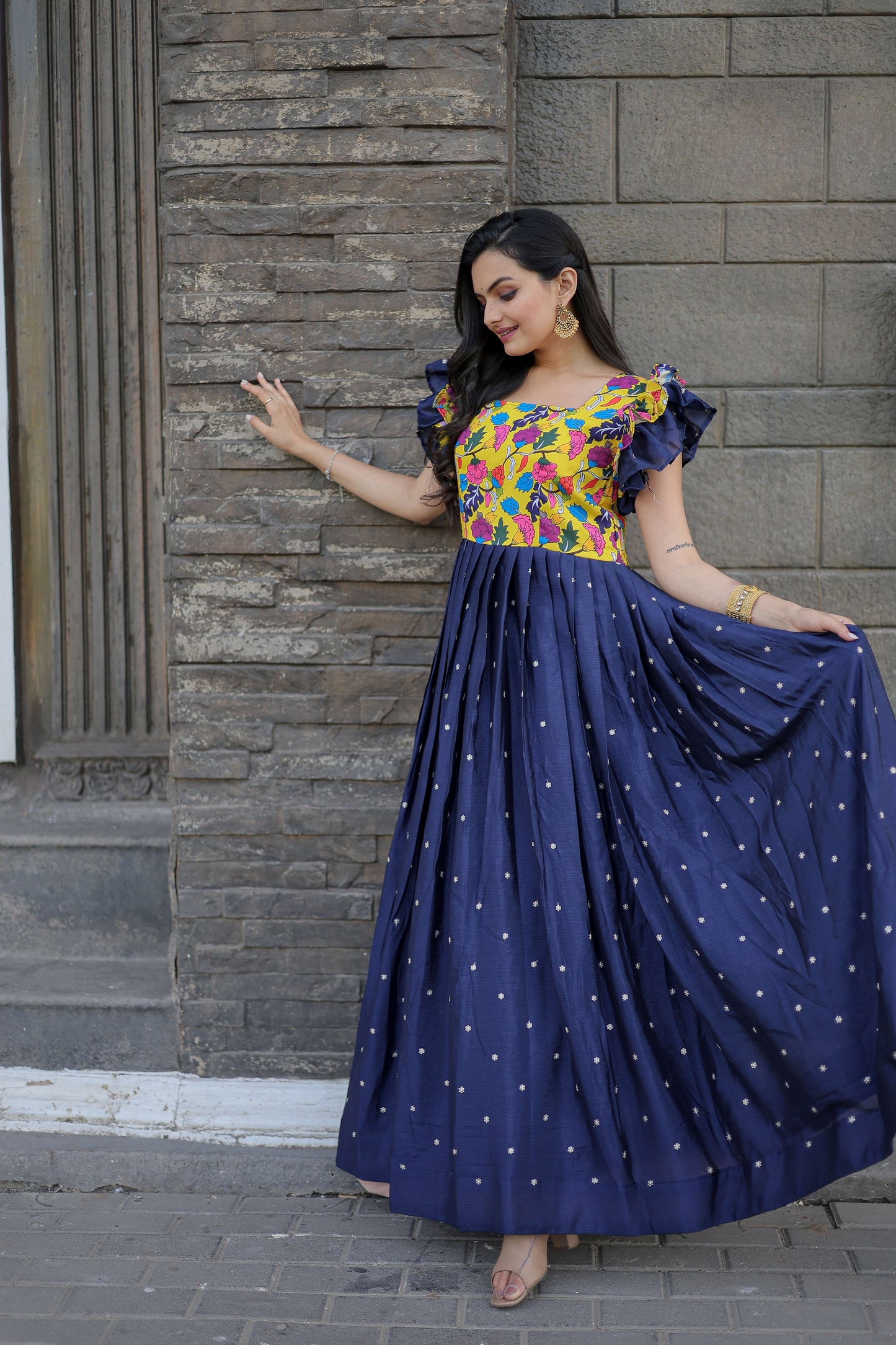 Blue Maslin & Chinon Designer Gown with Embroidery  Elegant Ready-to-Wear Womens Dress