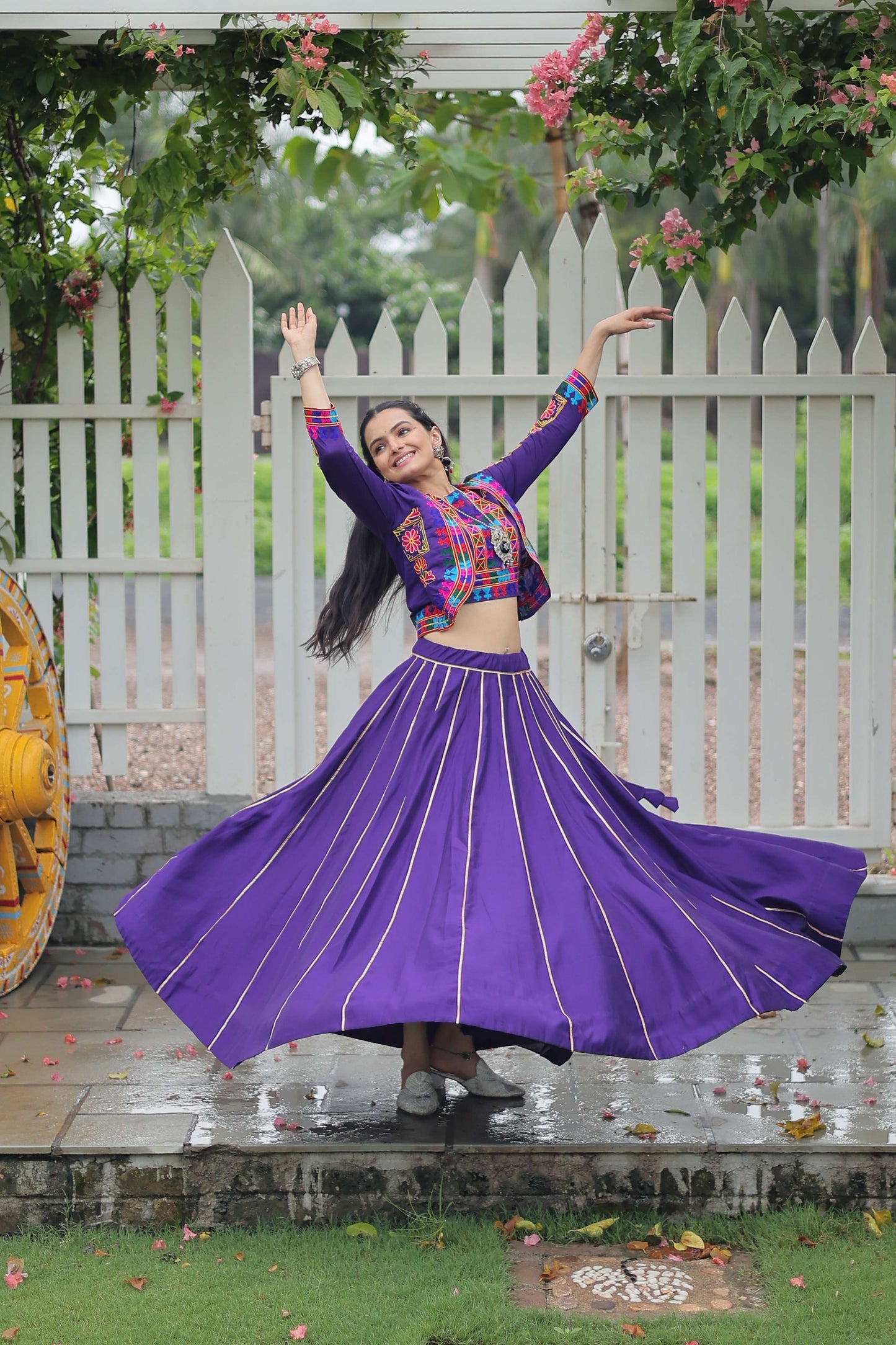 Vibrant Roman Fabric Navratri Lehenga Choli Set with Koti Blouse