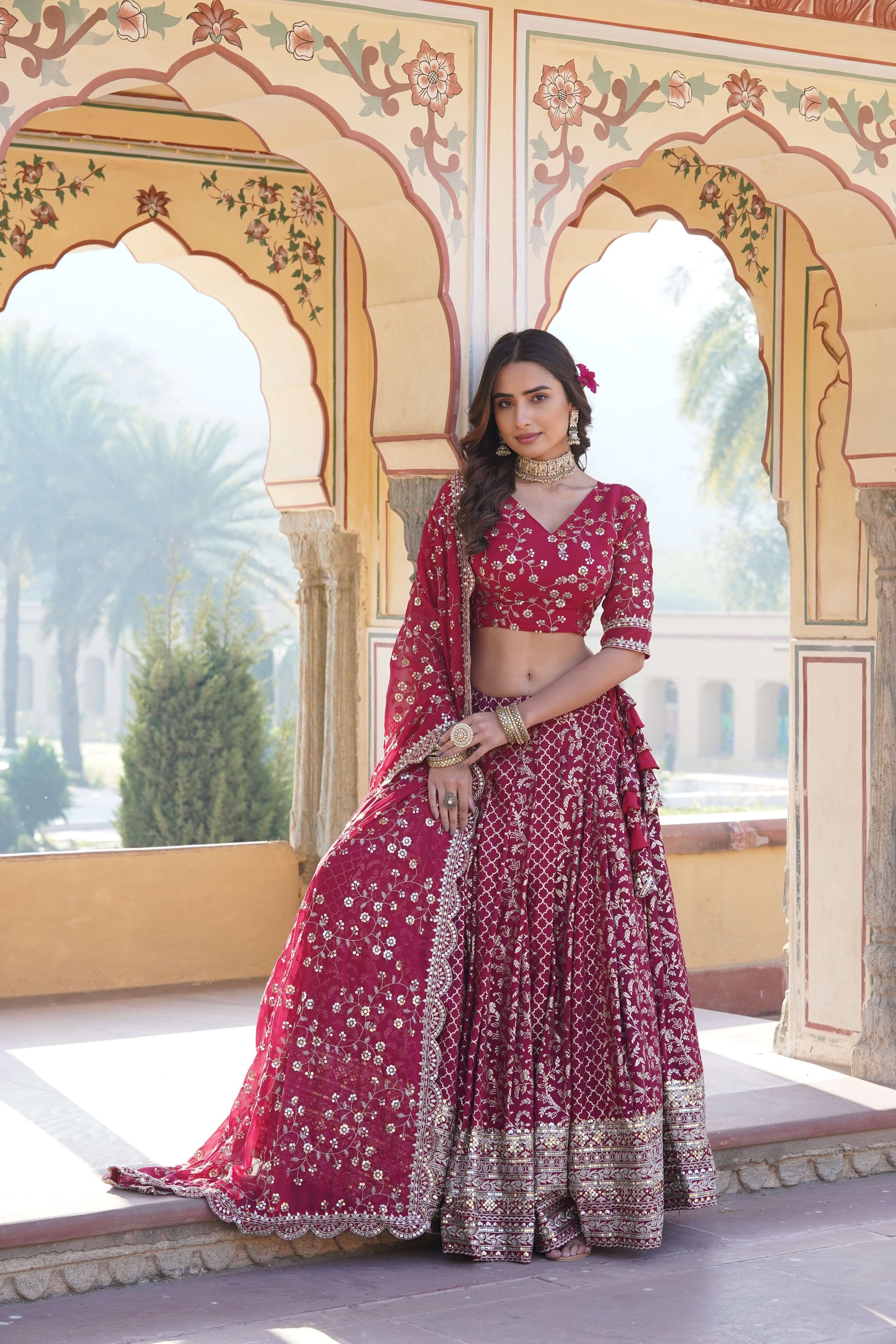 Designer Pure Viscose Jacquard Lehenga Choli with Sequins Dupatta 