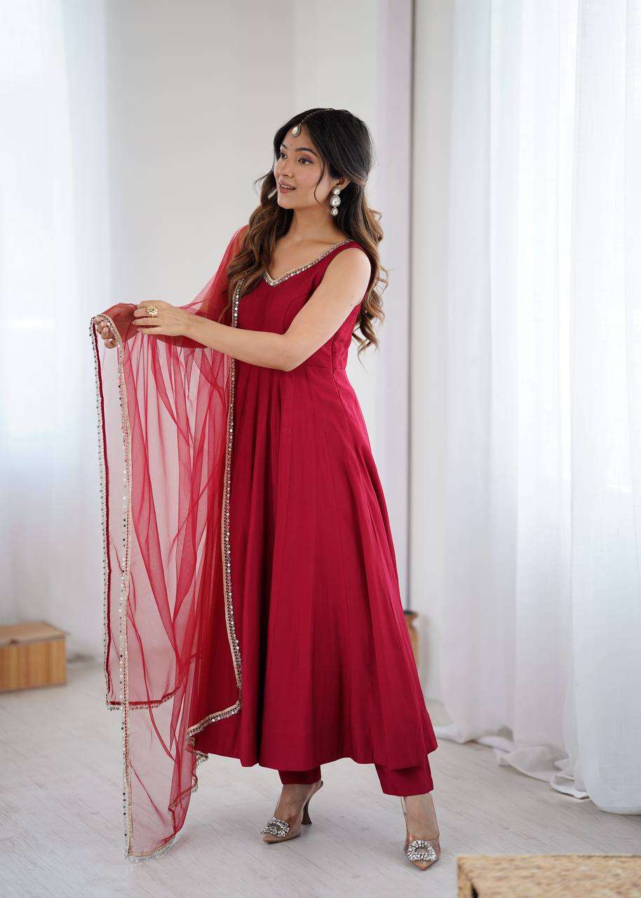 Womens Pure Romansilk Chanderi Anarkali Kurti with Pant & Dupatta Set