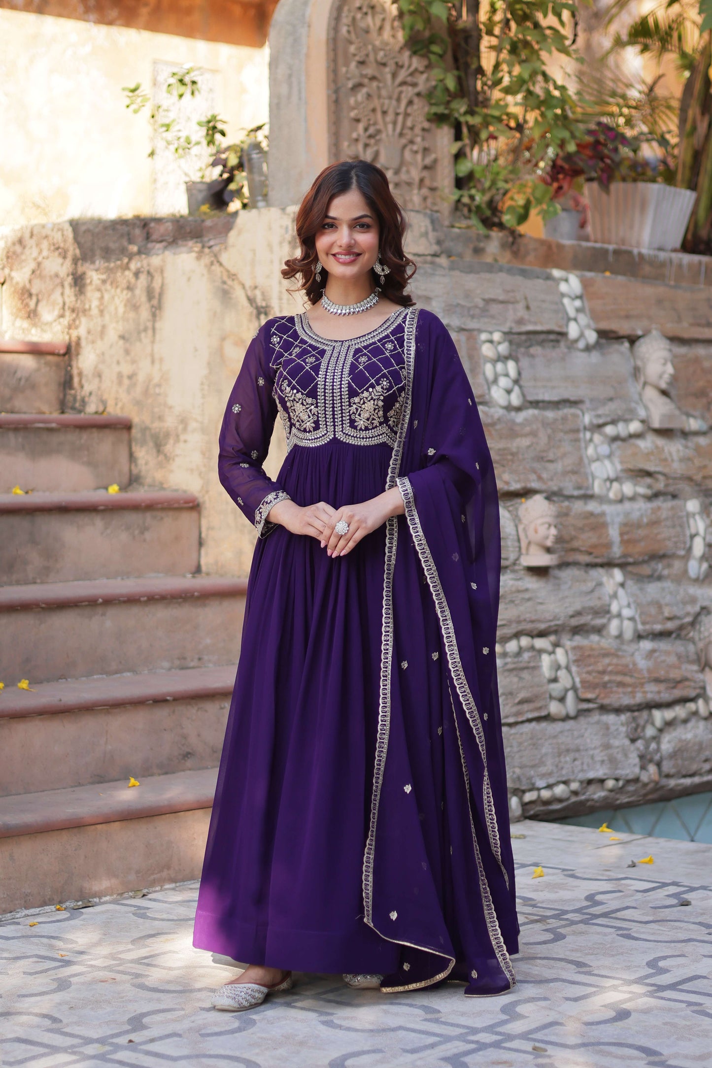 Purple Faux Blooming Gown with Sequins & Beads Embroidered Dupatta