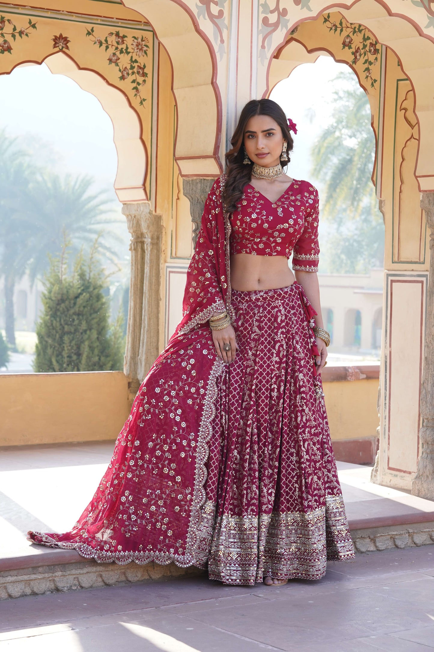 Designer Pure Viscose Jacquard Lehenga Choli with Sequins Dupatta