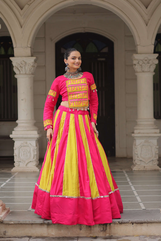 Roman Fabric Mirror-Embellished Navratri Lehenga Choli Set