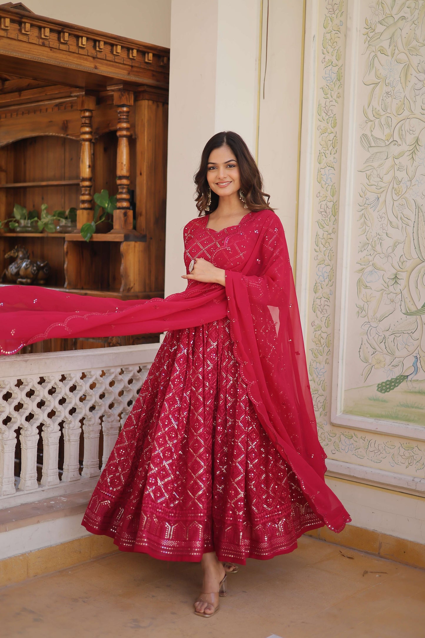 Rani Faux Blooming Designer Gown with Sequined Dupatta  Elegant Fully Flared Party & Wedding Set
