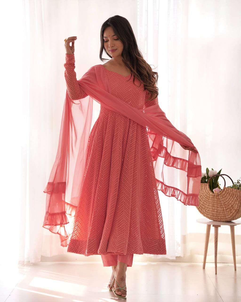 Womens Pure Romansilk Chanderi Embroidered Anarkali Kurti With Dupatta & Pant Set