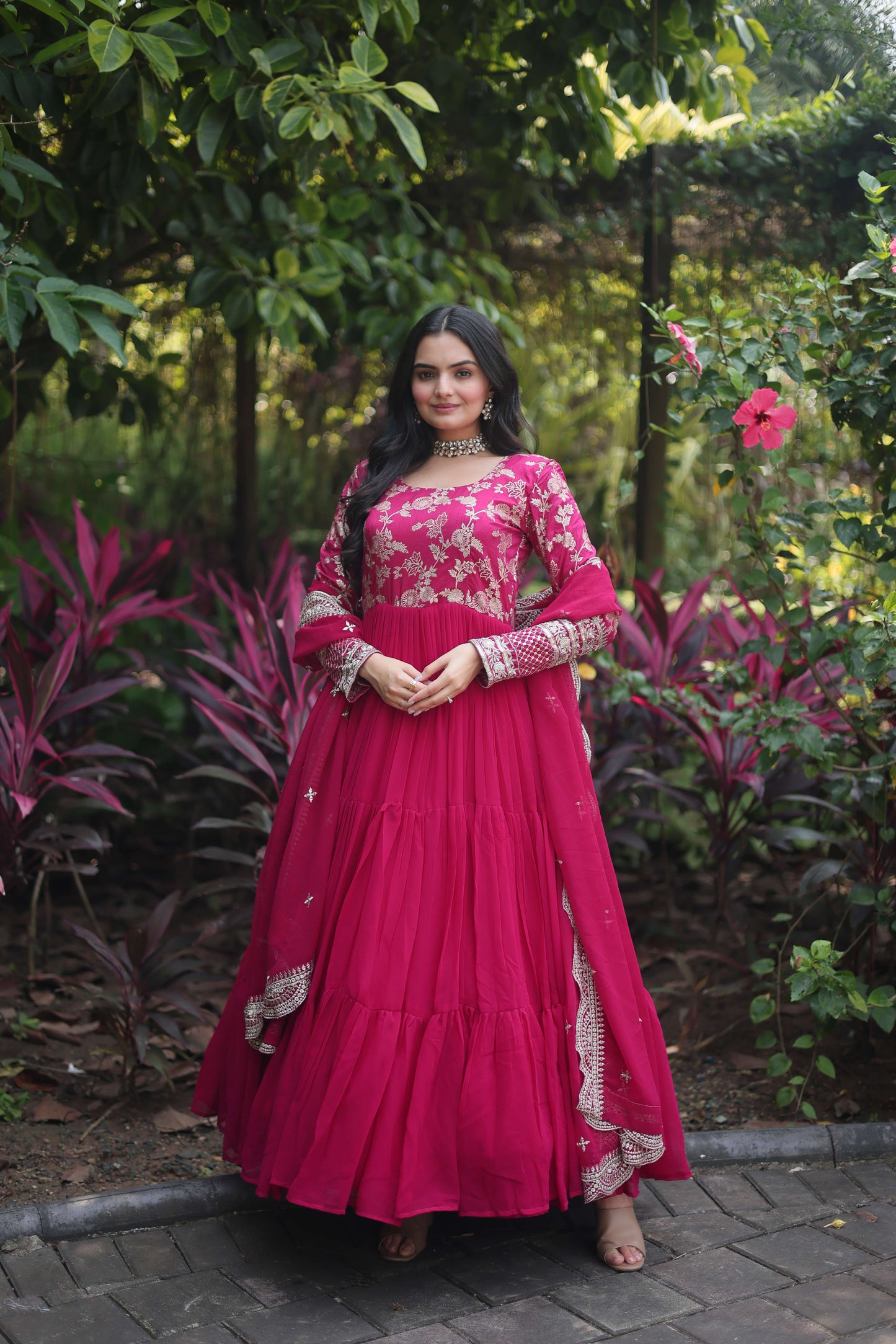 Pink Faux Blooming Designer Gown with Sequined Dupatta  Elegant Fully Flared Ready-to-Wear Set