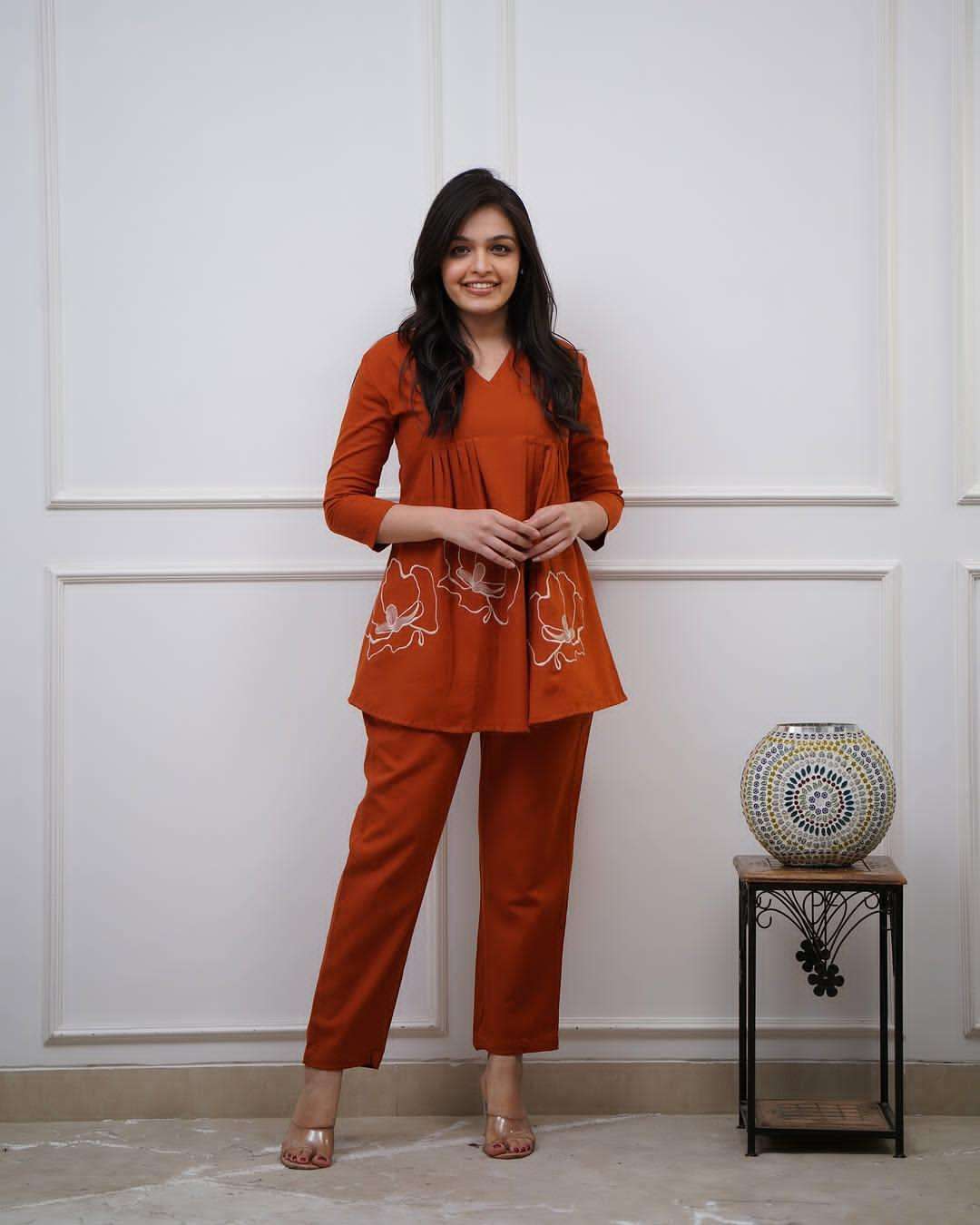 Women's Cotton Embroidered Co-ord Set 2 Piece Top Bottom Set