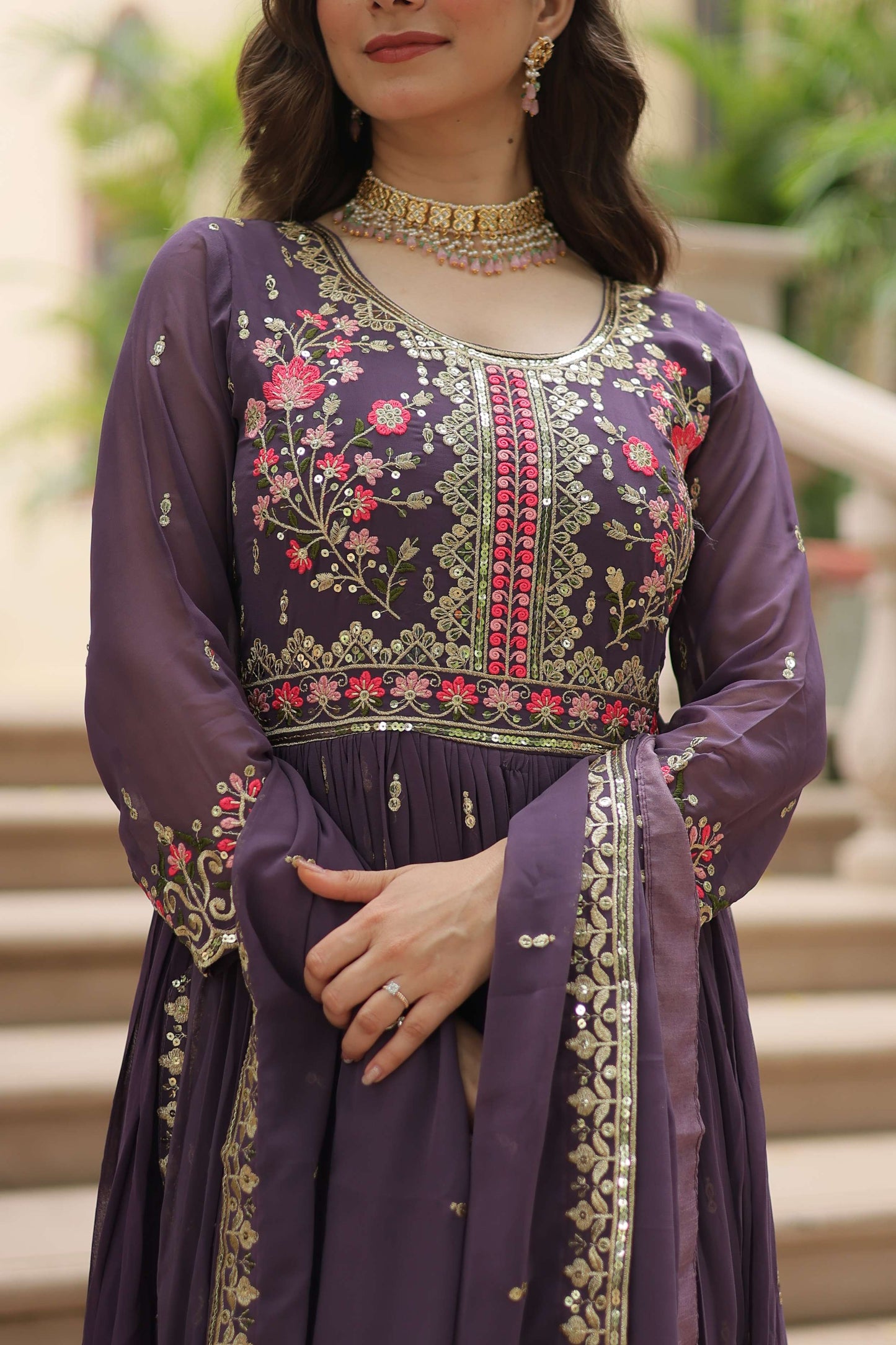Onion Faux Georgette Sequins Embroidered Kurti with Sharara & Dupatta Set