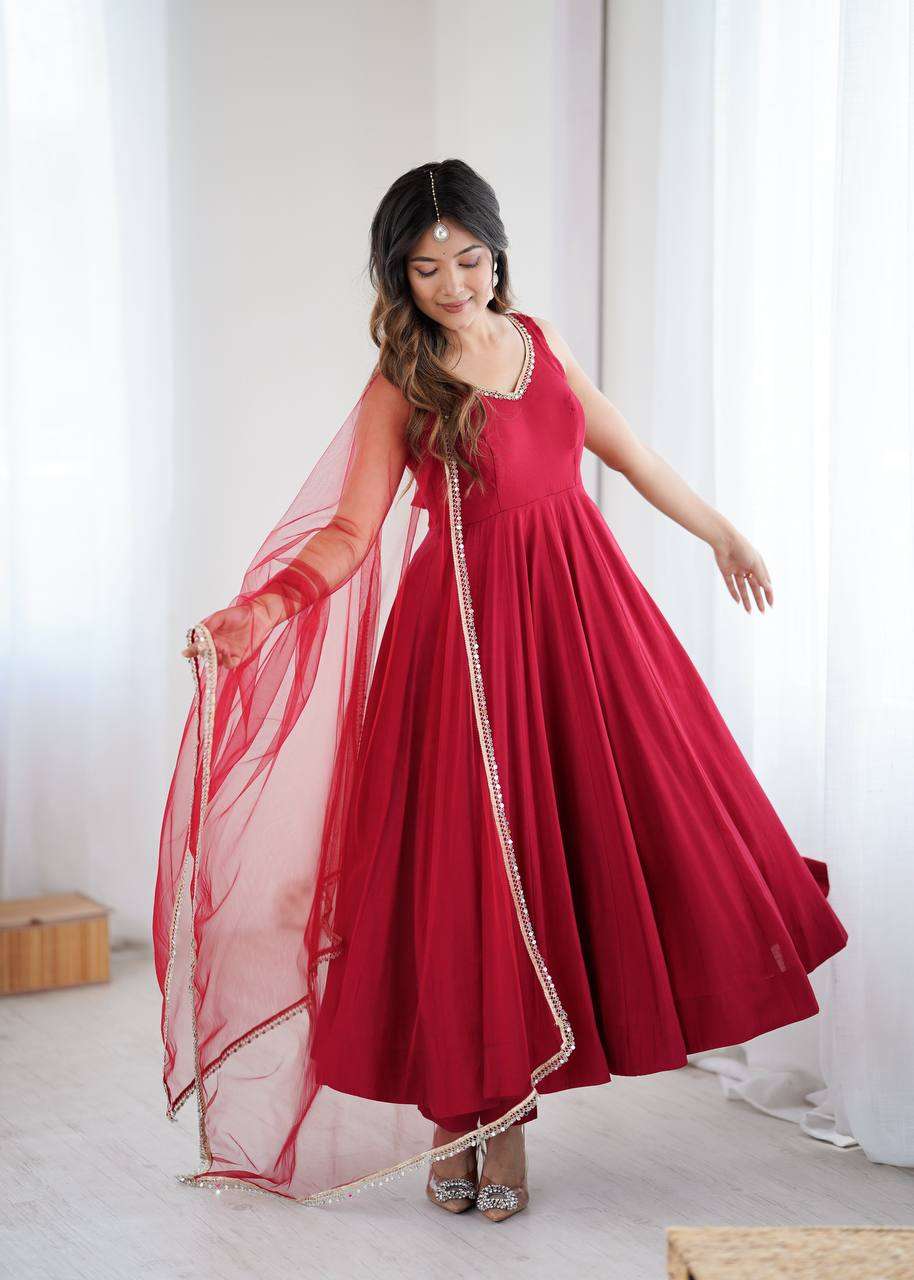 Womens Pure Romansilk Chanderi Anarkali Kurti with Pant & Dupatta Set
