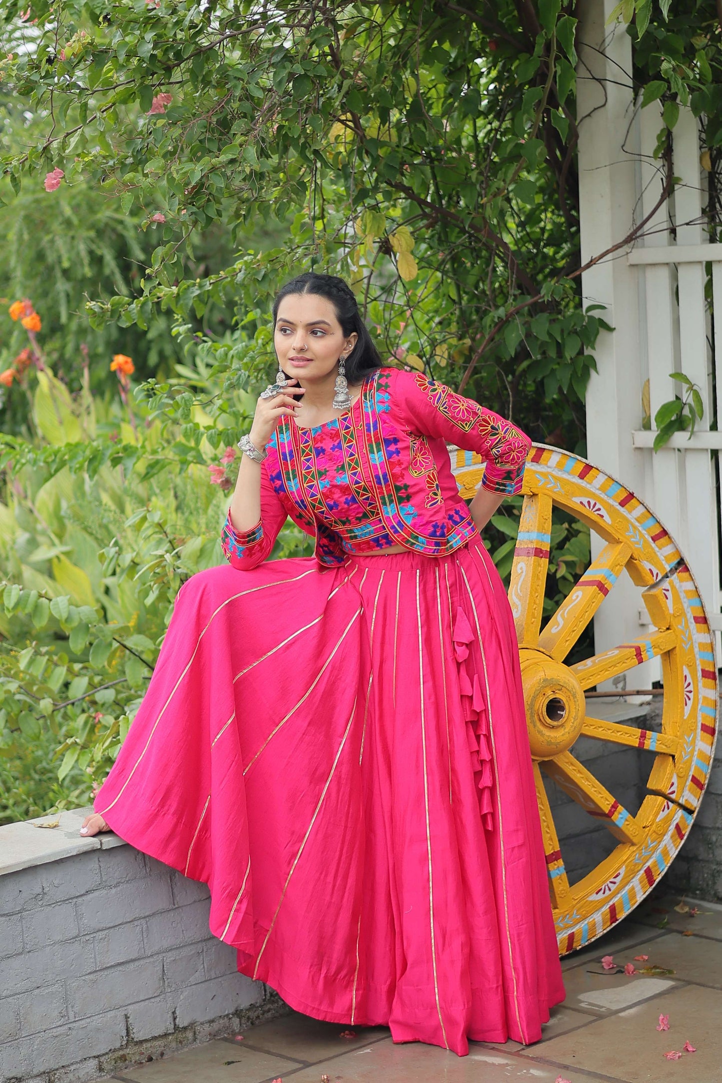 Vibrant Roman Fabric Navratri Lehenga Choli Set with Koti Blouse
