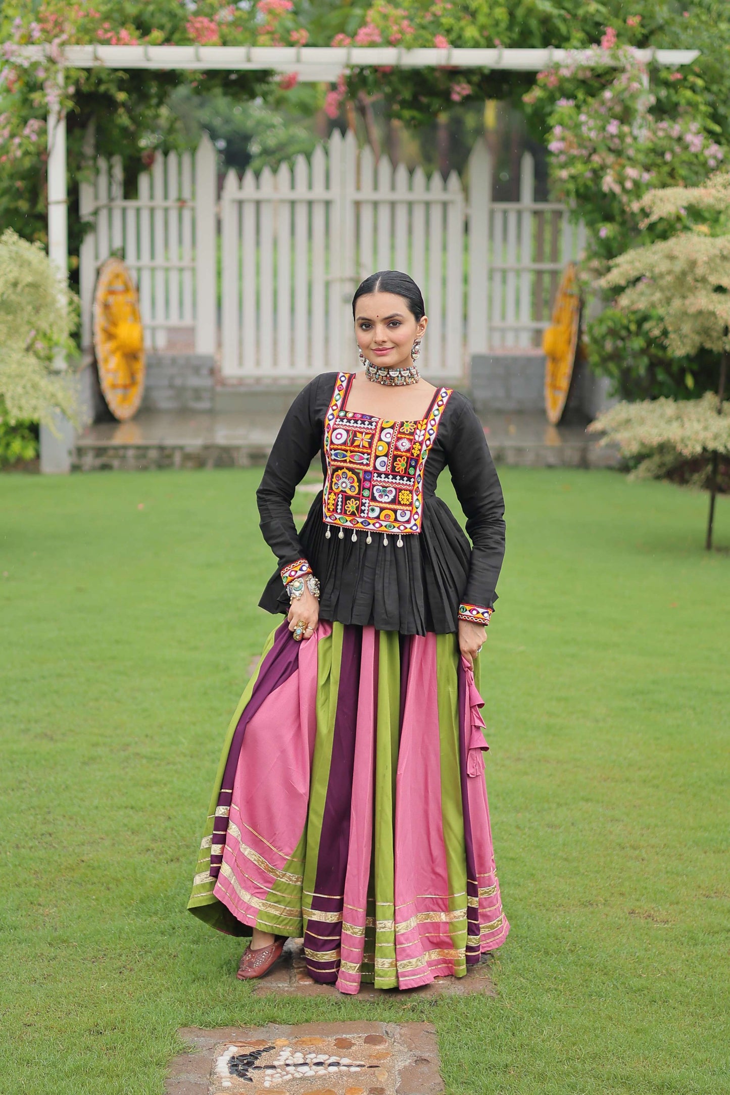 Multicolor Navratri Lehenga Choli Set with Black Peplum Top