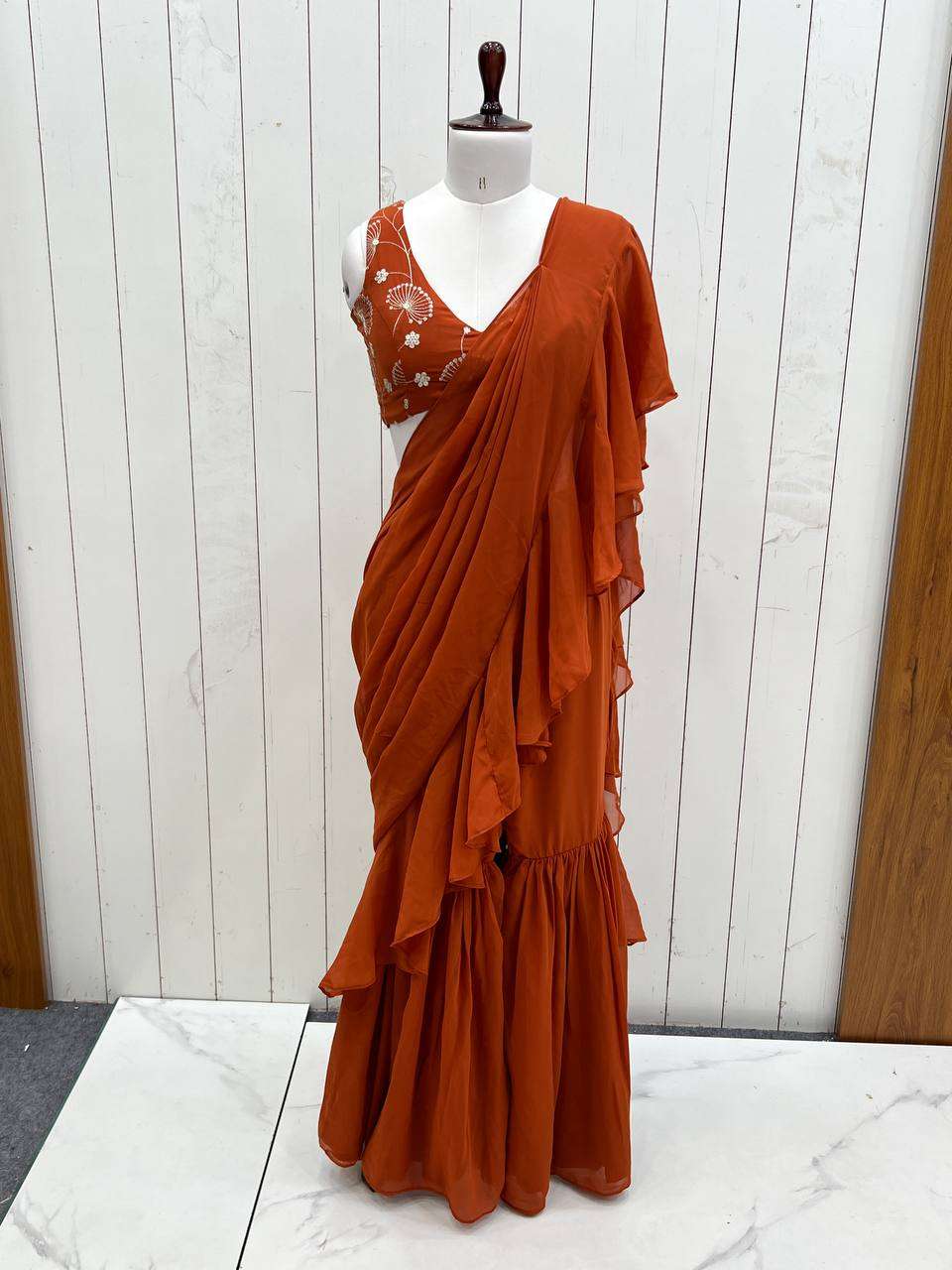 Women's Pure Romansilk Chanderi Embroidered Crop Top With Ruffled Sharara & Draped Dupatta Set
