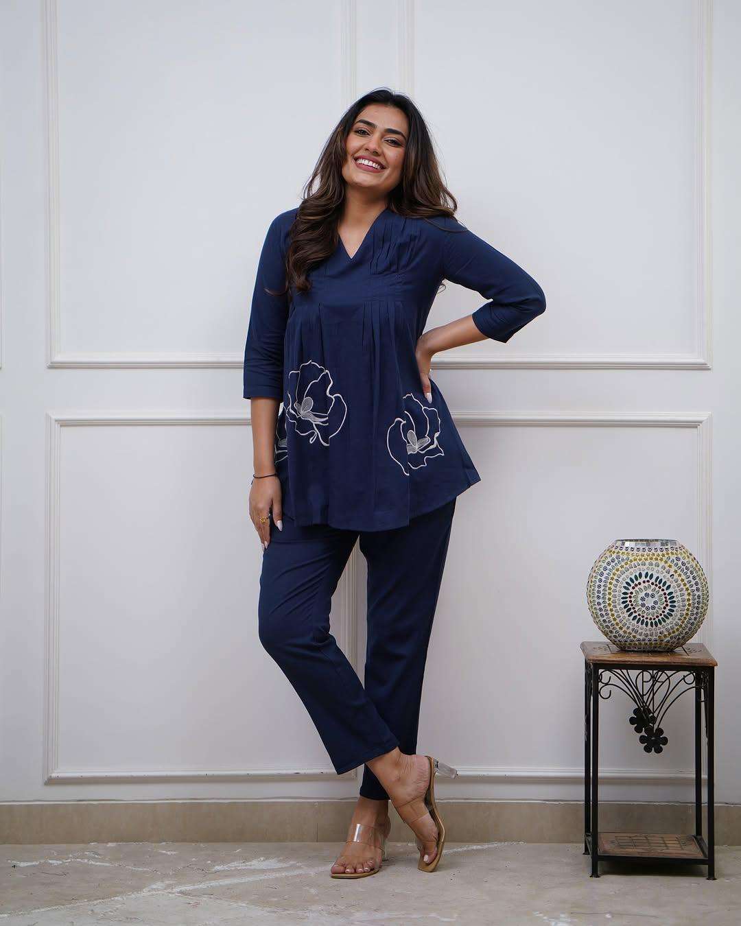 Women's Cotton Rose Printed Short Anarkali Kurta with Pant Western wear Cord Set