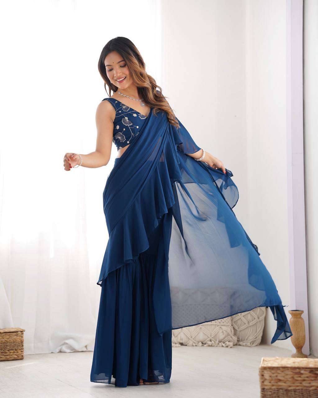 Women's Pure Romansilk Chanderi Embroidered Crop Top With Ruffled Sharara & Draped Dupatta Set