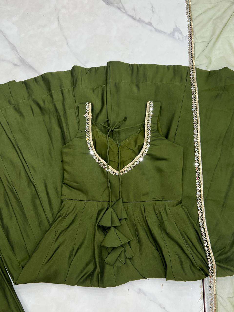 Womens Pure Romansilk Chanderi Anarkali Kurti with Pant & Dupatta Set
