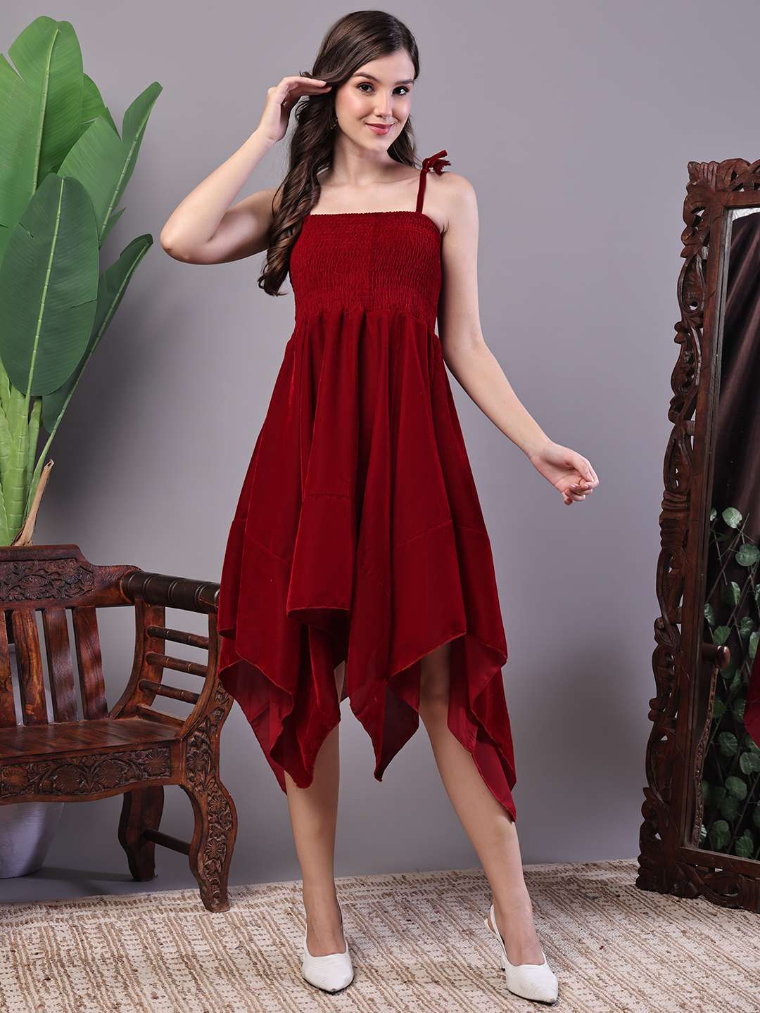 Women's Junglee Velvet Maroon Handkerchief Hem Dress