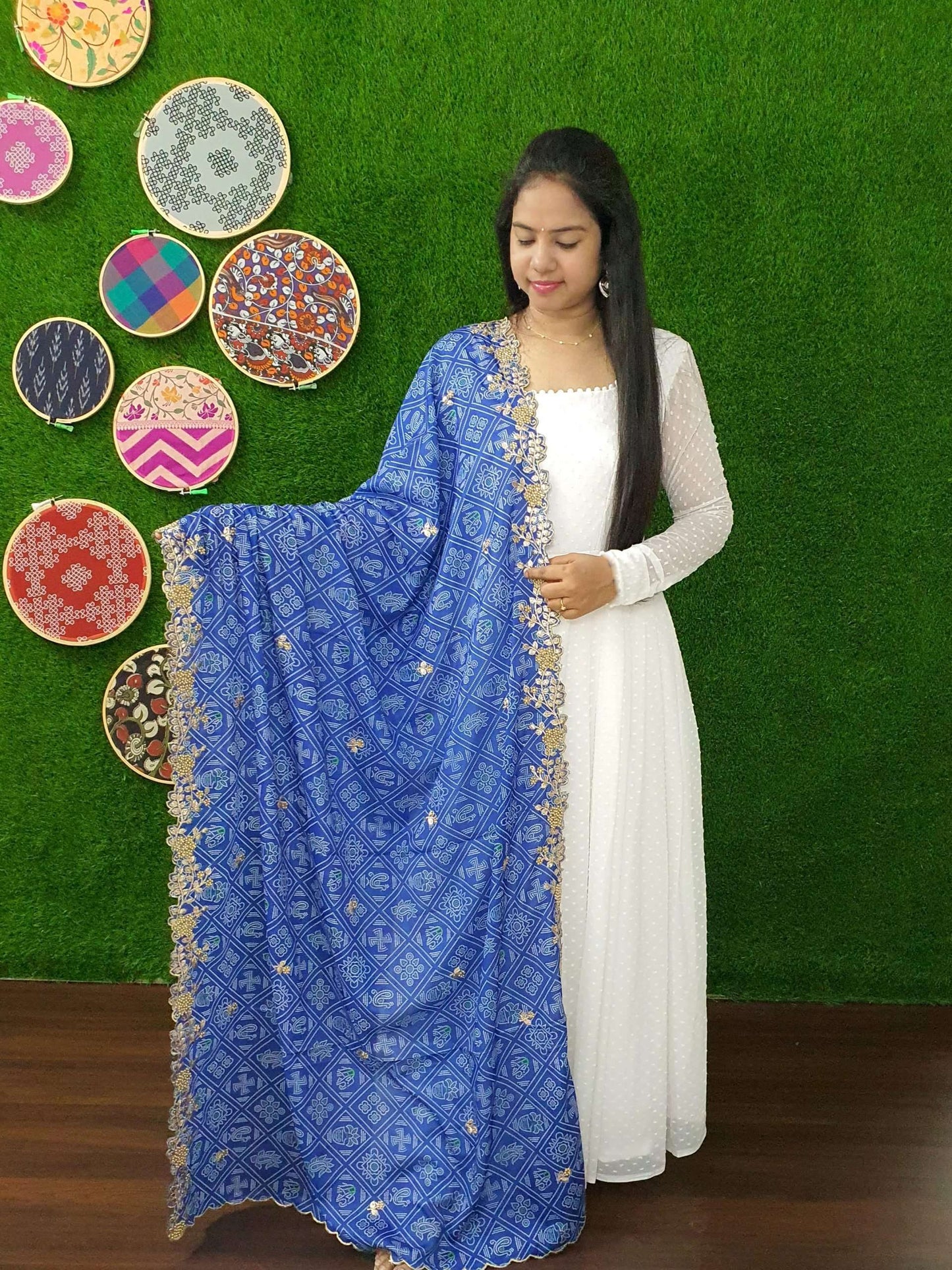 Elegant White And Blue Georgette Gown with Soft Organza Dupatta  Premium Designer Ready-to-Wear Set