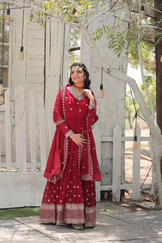 Maroon Designer Faux Blooming Anarkali Gown with Sequins Embroidered Dupatta  Wedding & Festive Wear