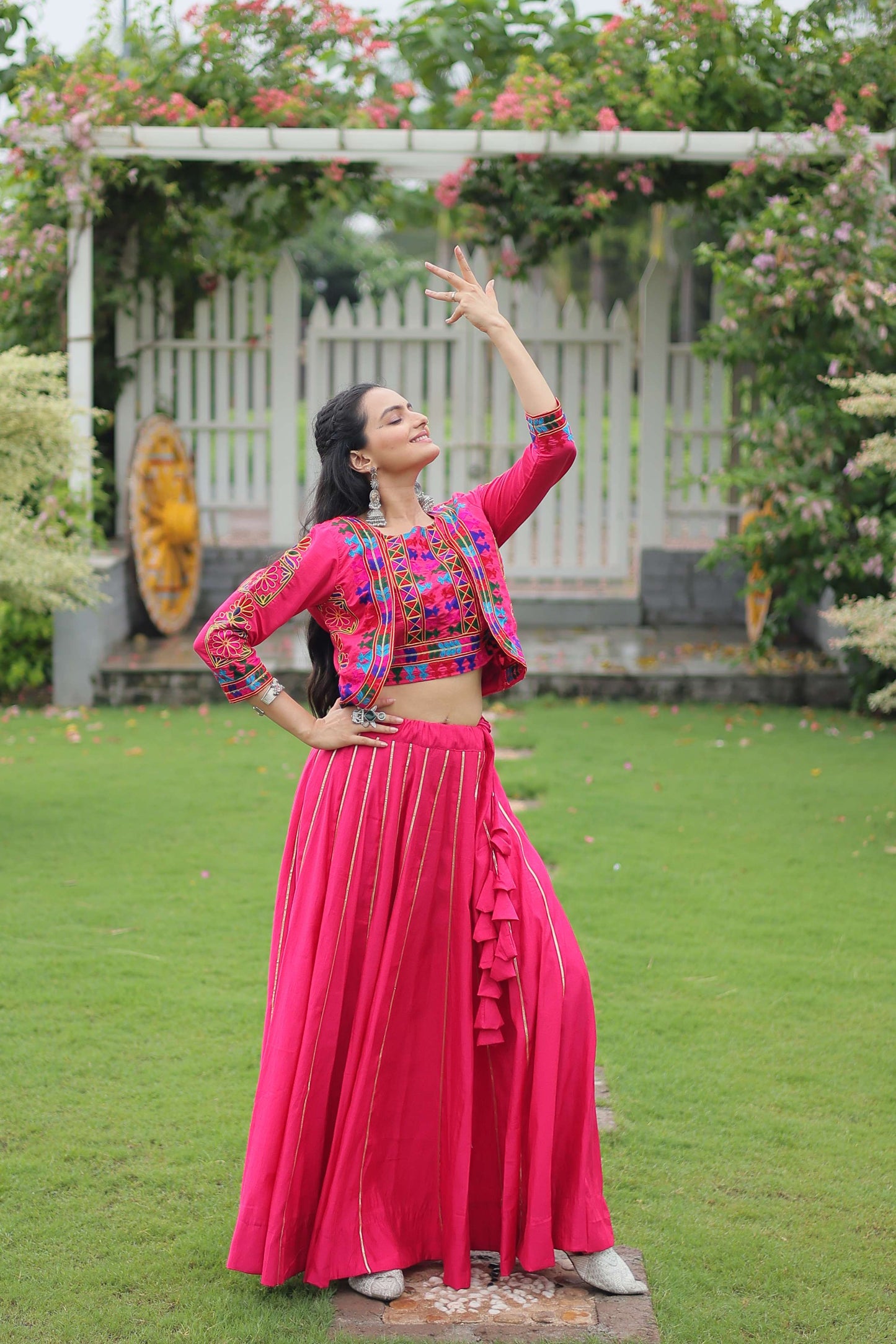 Vibrant Roman Fabric Navratri Lehenga Choli Set with Koti Blouse