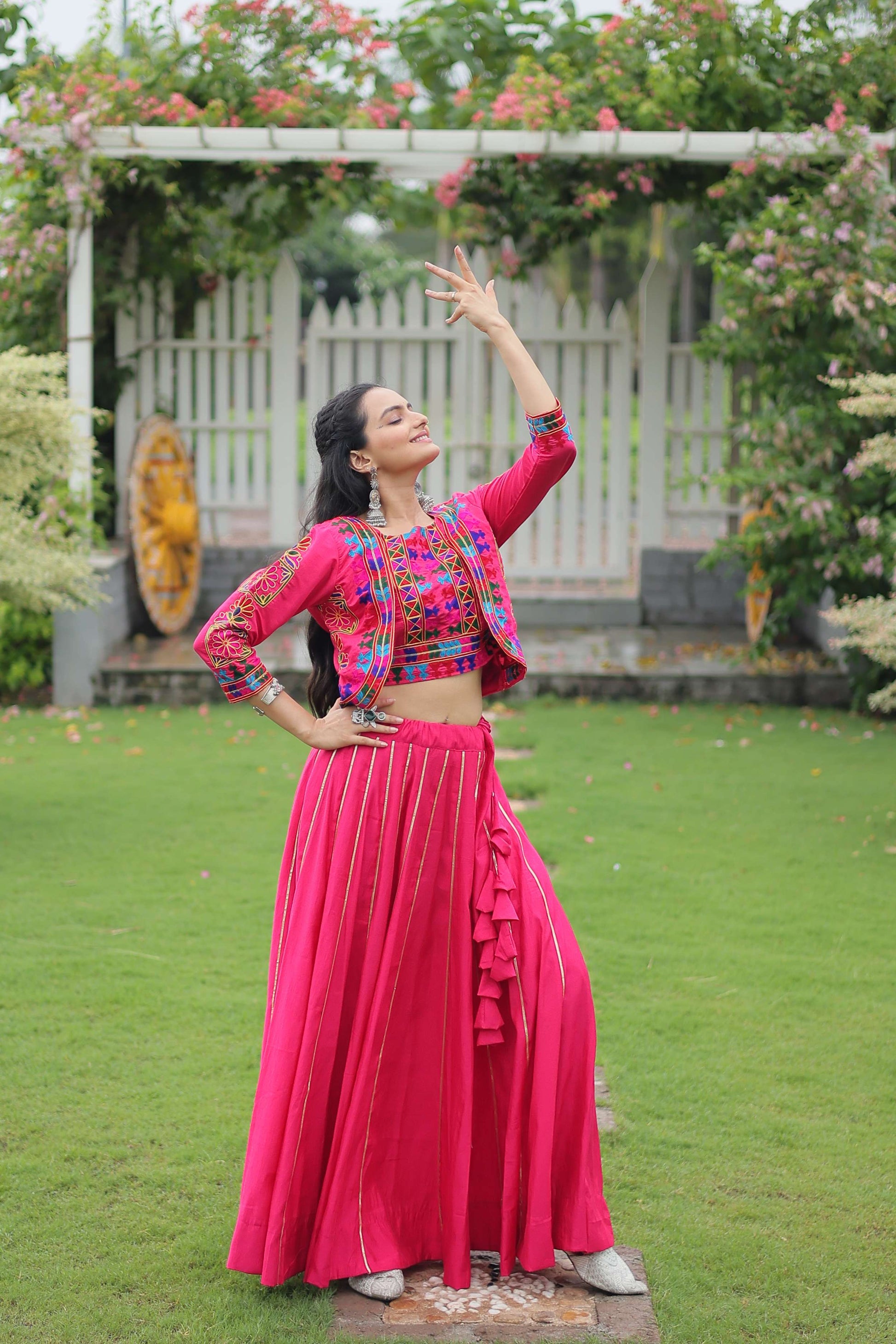 Vibrant Roman Fabric Navratri Lehenga Choli Set with Koti Blouse