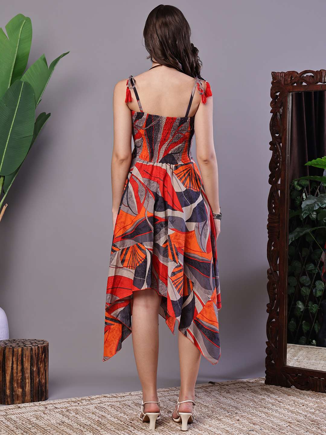 Women's Rust & Grey Abstract Print Cotton Handkerchief Hem Dress Midi Dresses