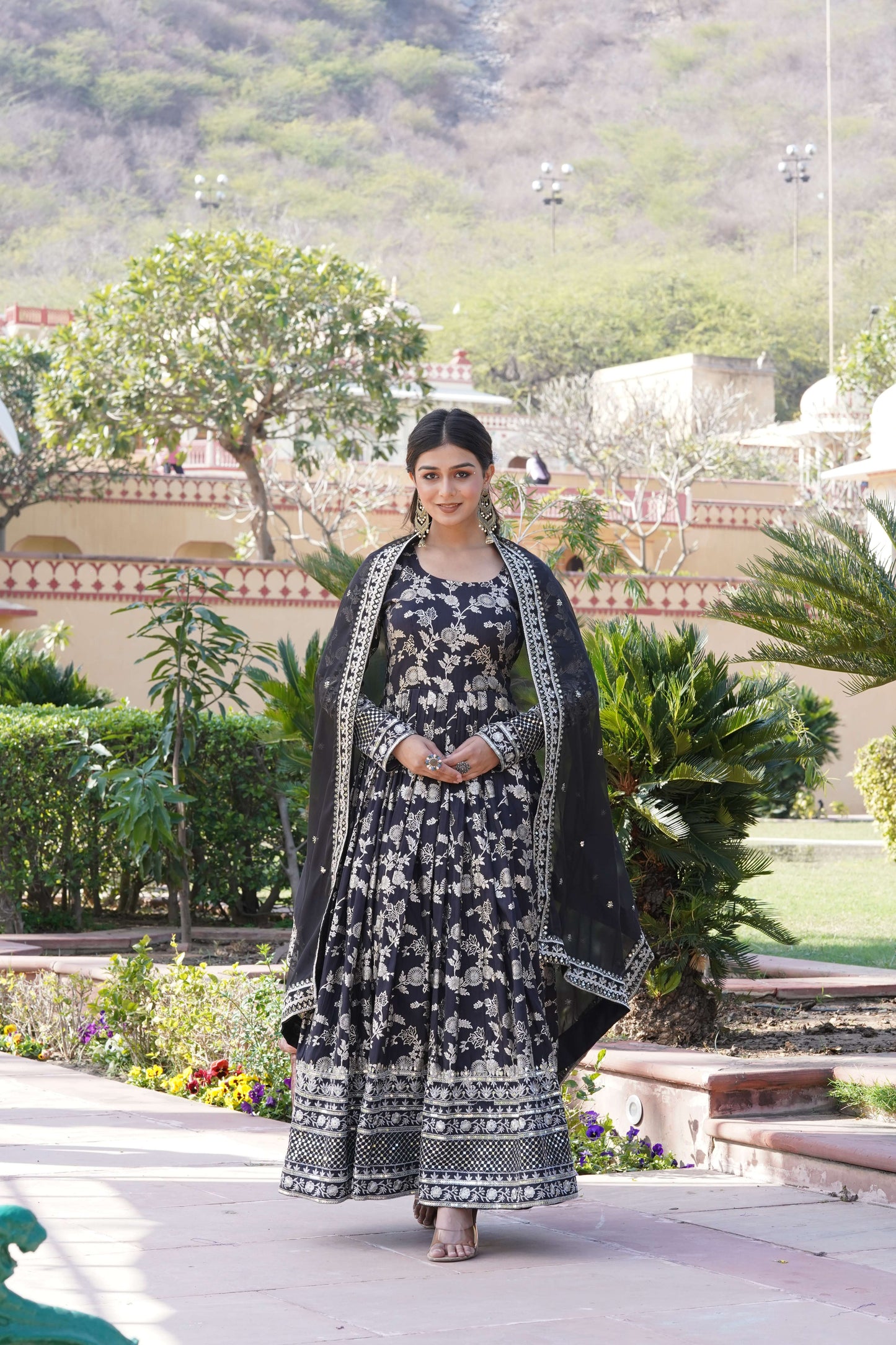 Black Viscose Dyable Jacquard Gown with Russian Silk Sequined Dupatta  Elegant Party & Wedding Set