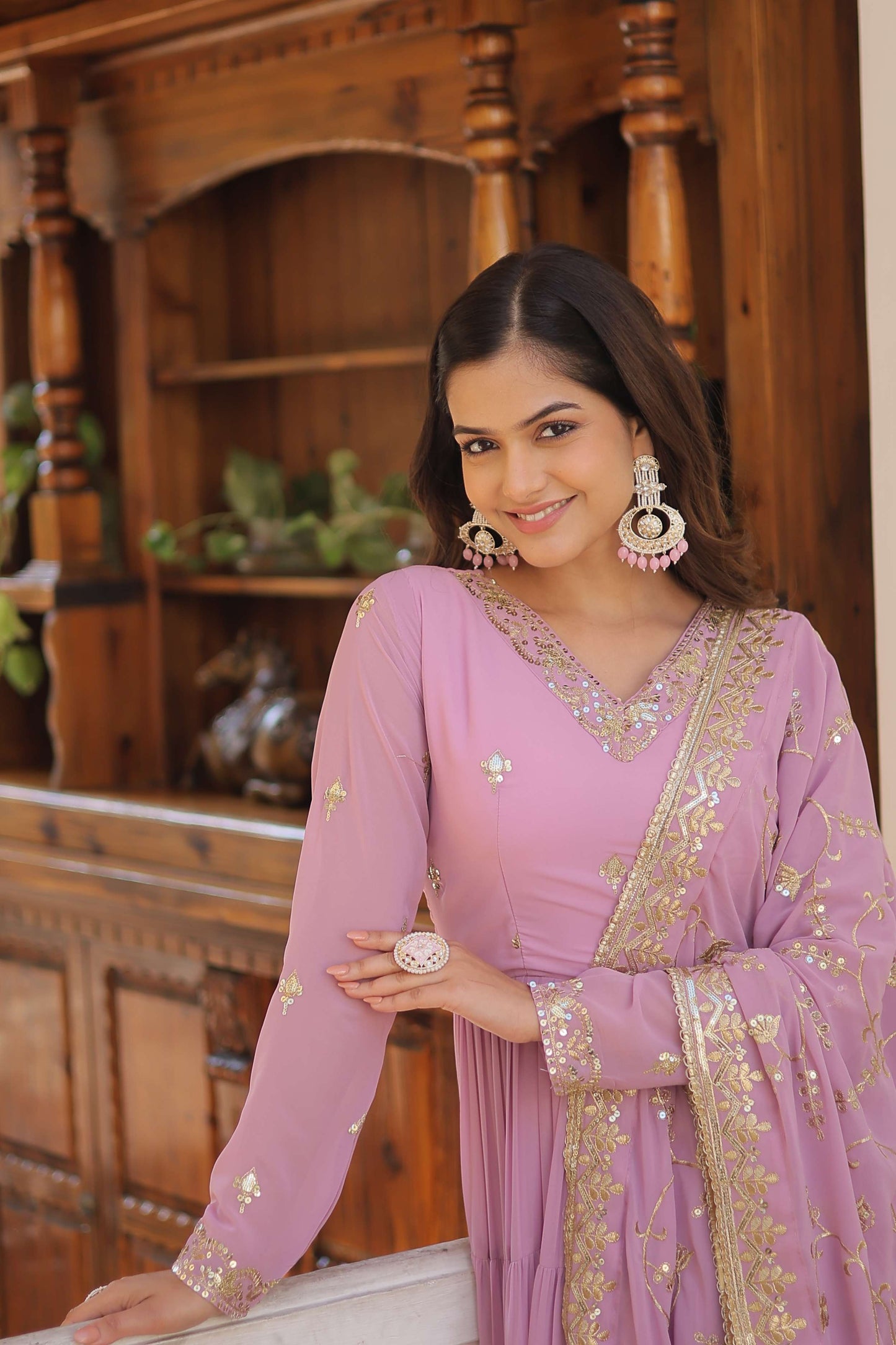 Purple Faux Georgette Designer Gown with Sequined Dupatta  Fully Flared Elegant Ready-to-Wear Set