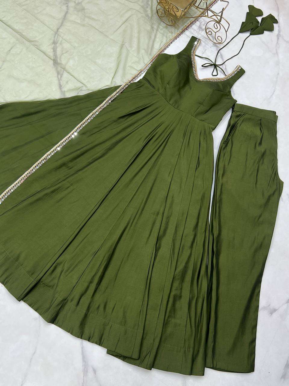 Womens Pure Romansilk Chanderi Anarkali Kurti with Pant & Dupatta Set