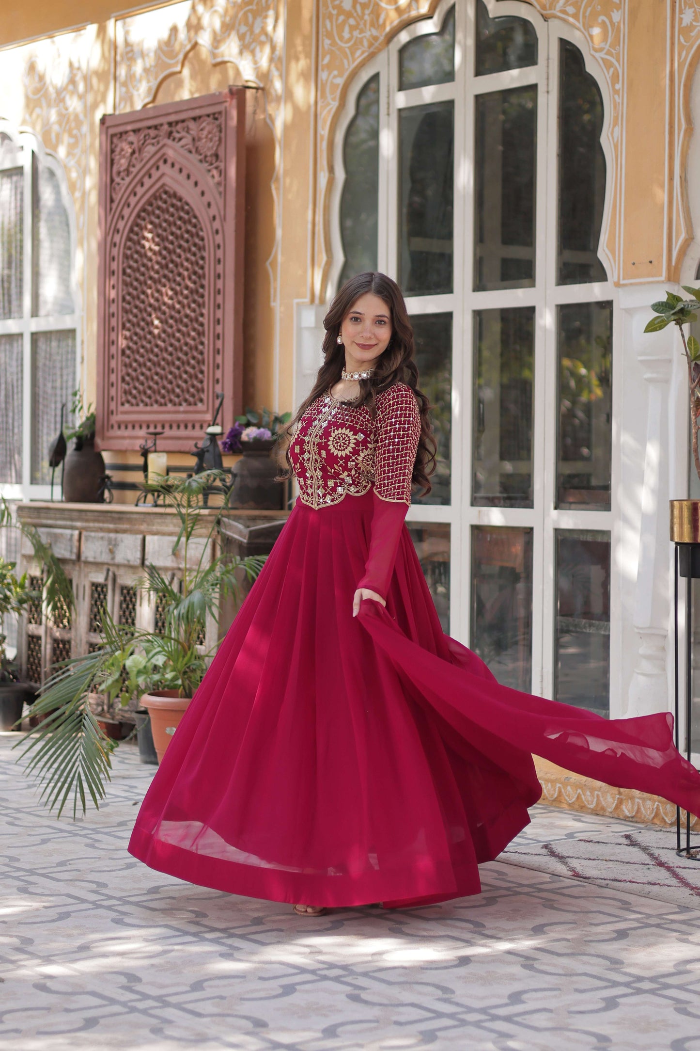 Pink Premium Faux Blooming Georgette Gown with Dupatta – Designer Readymade Collection