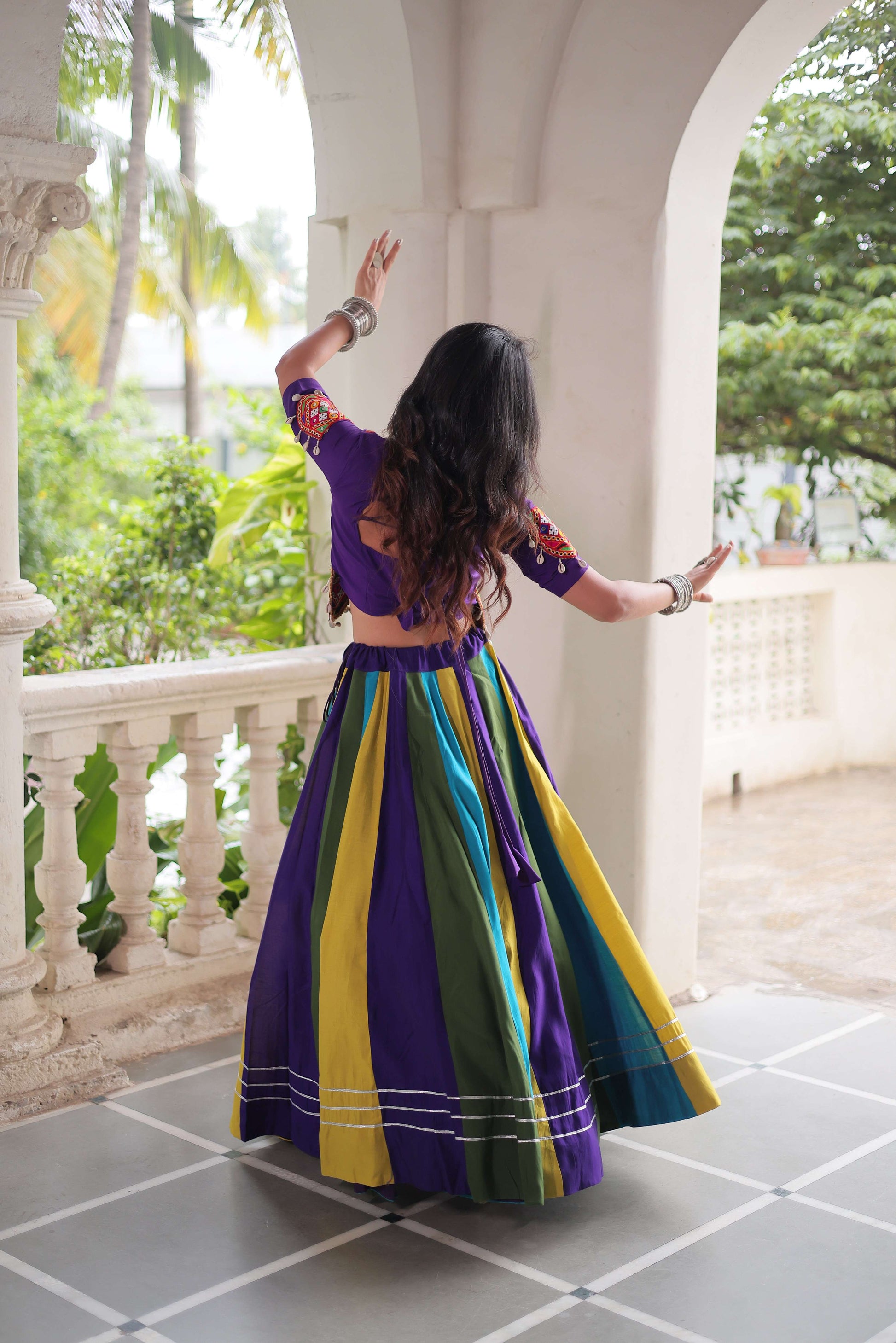 Multicolor Roman Fabric Navratri Lehenga Choli Set with Mirror & Gota Lace