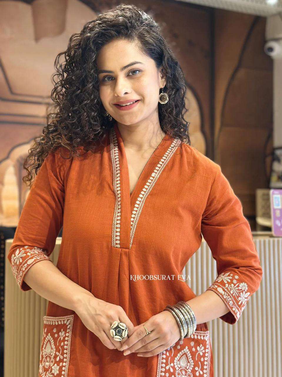 Women's Cotton Embroidery Straight Kurti With Pant Set