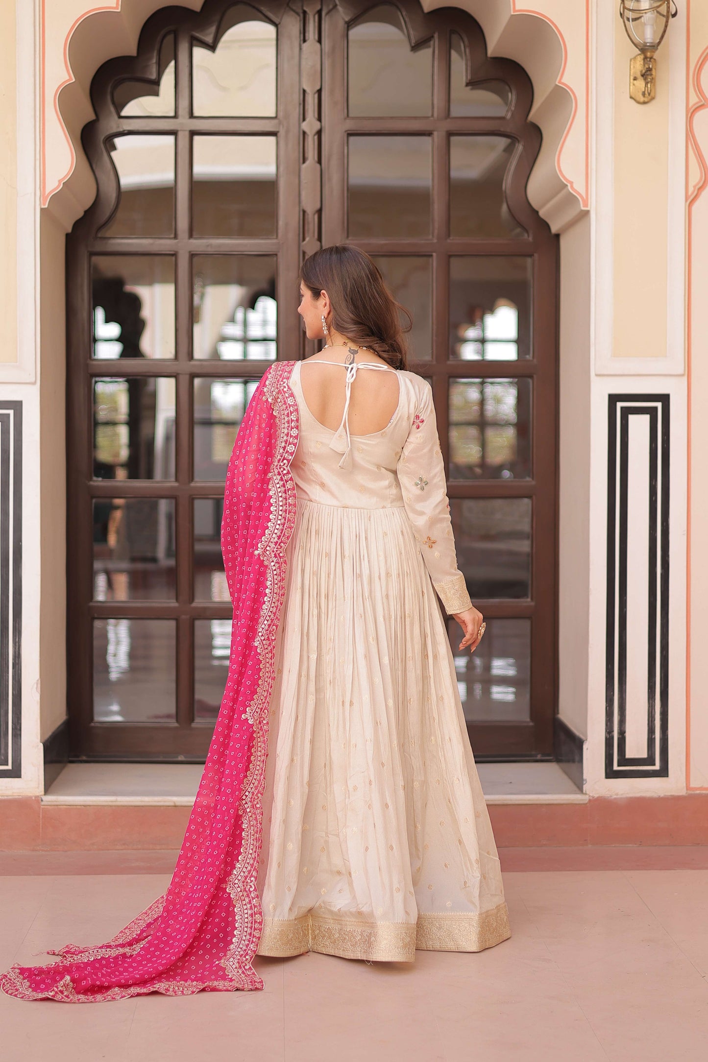 Pink Premium Cosmos Jequard Gown with Bandhani Printed Embroidered Dupatta – Collection