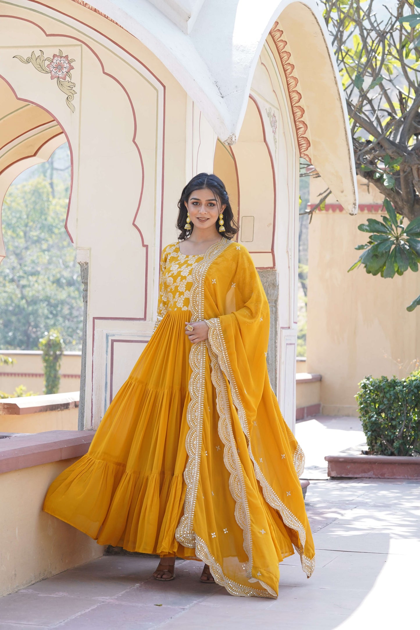 Yellow Faux Blooming Designer Gown with Sequined Dupatta  Elegant Fully Flared Ready-to-Wear Set