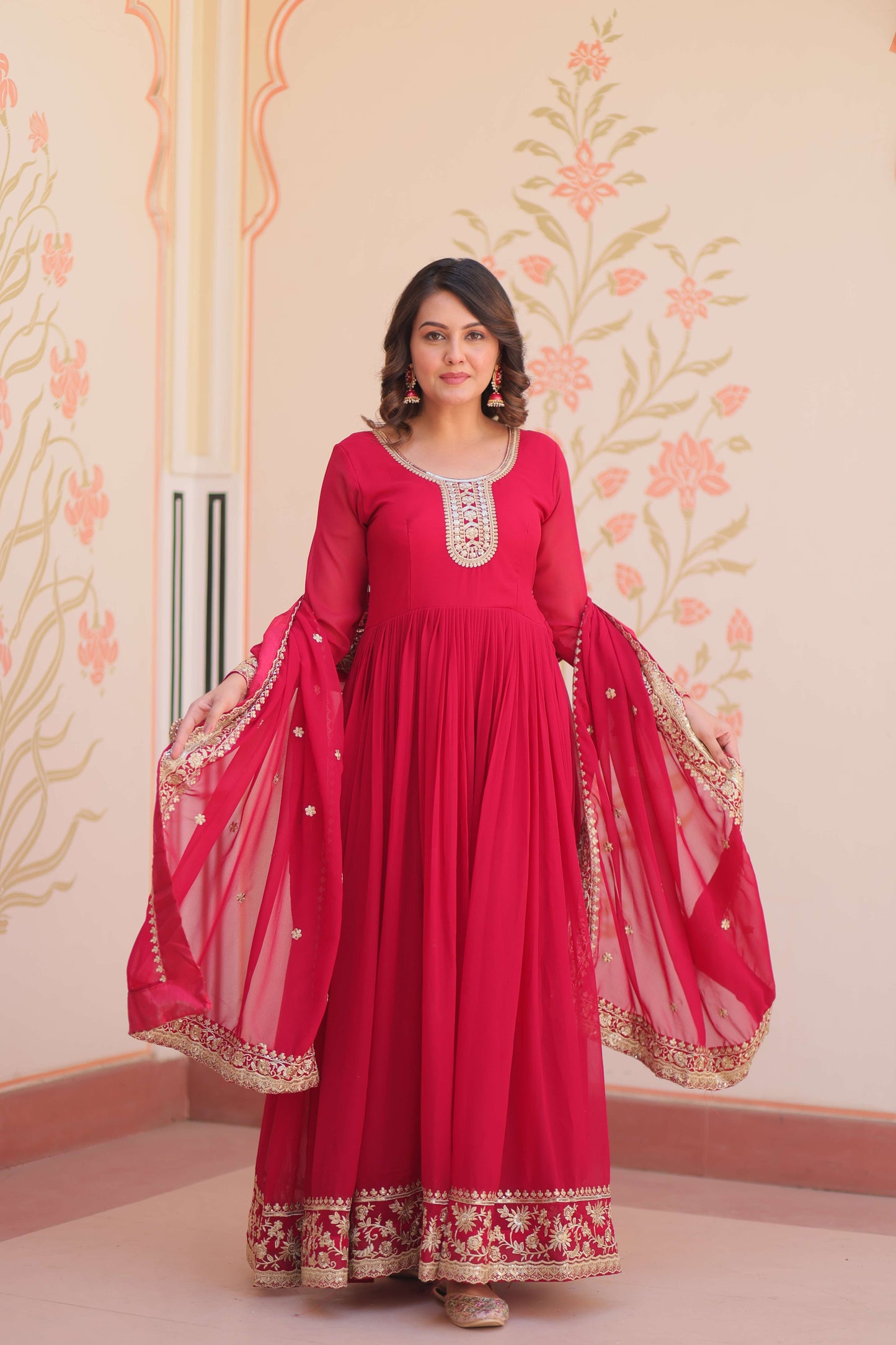 Pink Premium Faux Blooming Gown with Zari & Sequins Embroidered Dupatta – Designer Collection